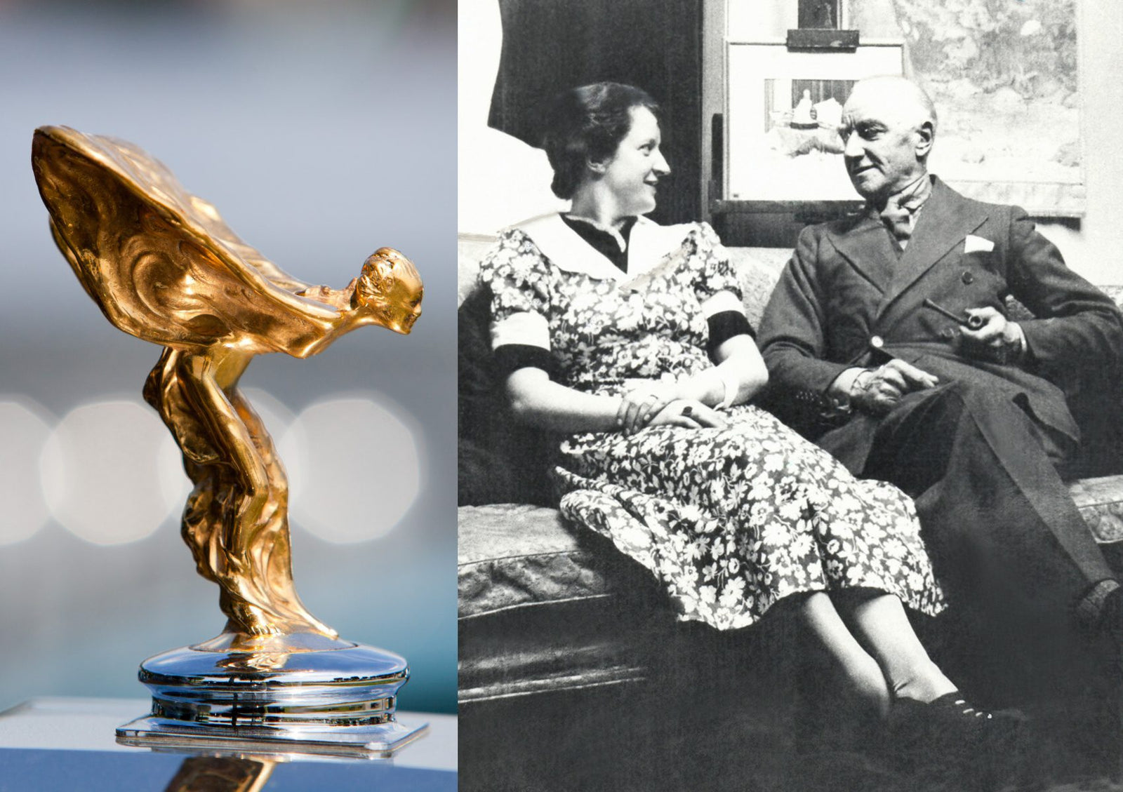 A close-up of a gold car hood ornament pays tribute as Rolls-Royce marks 150 years of Charles Sykes, the artist behind the iconic Spirit of Ecstasy; on the right, a black-and-white photo shows a man and woman chatting together.