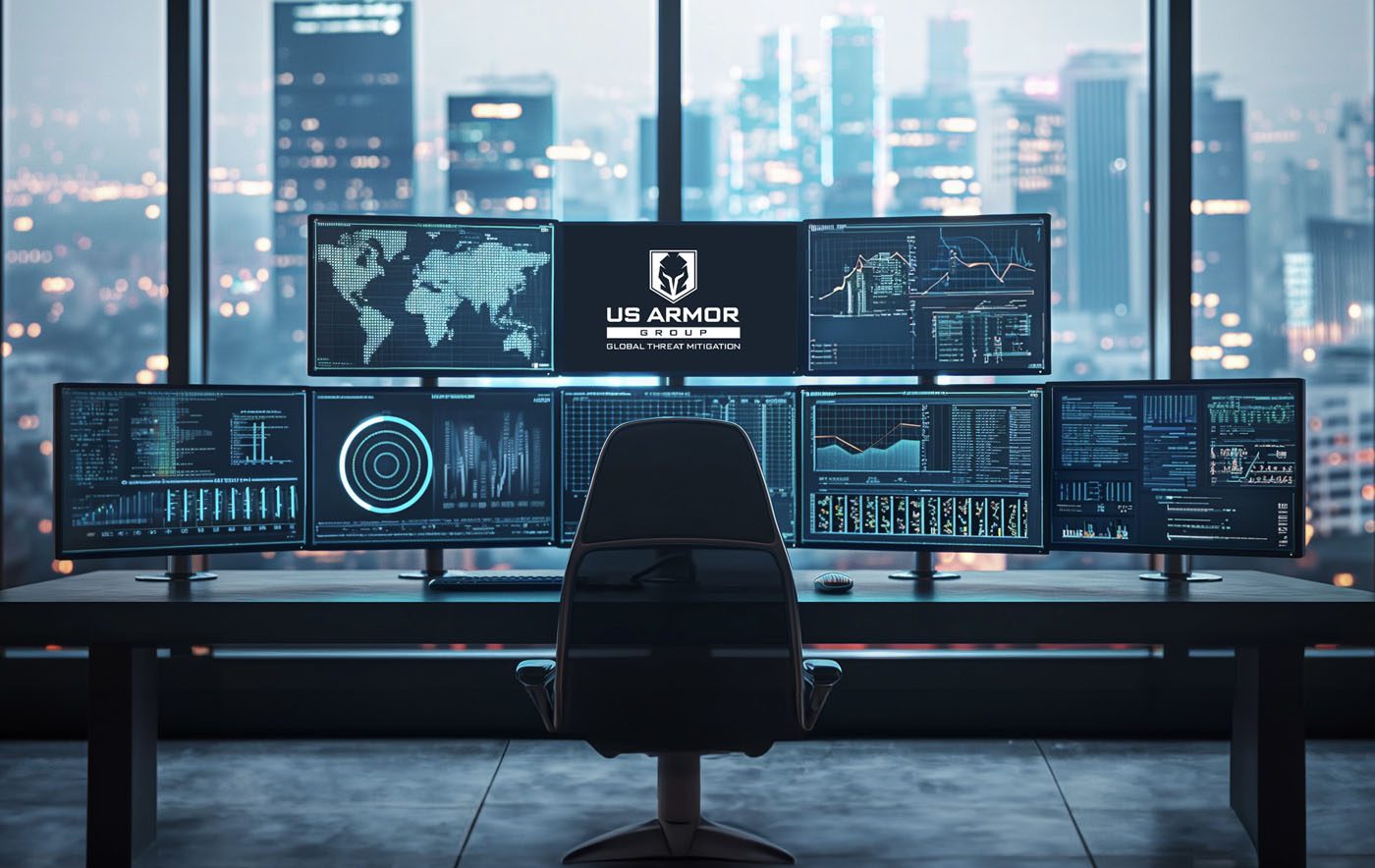 A modern control room with multiple monitors displaying maps, charts, and data—highlighting cyber threats—features a "US Armor" logo on the center screen, overlooking a city skyline.