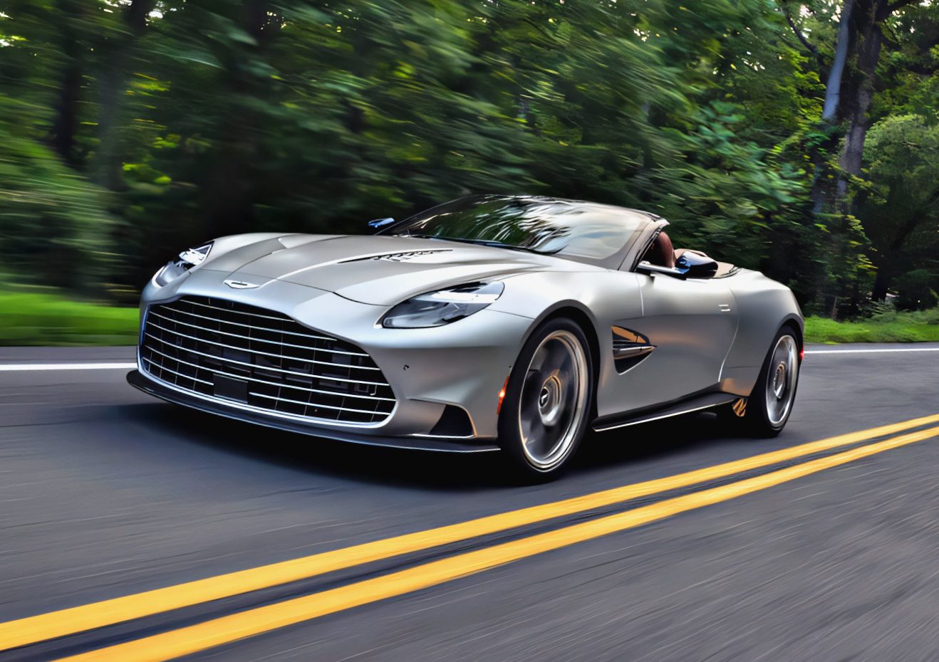 A 2026 Aston Martin Vanquish with a powerful V12 engine speeds along a two-lane road, flanked by green trees and blurred foliage, capturing the thrill of motion.
