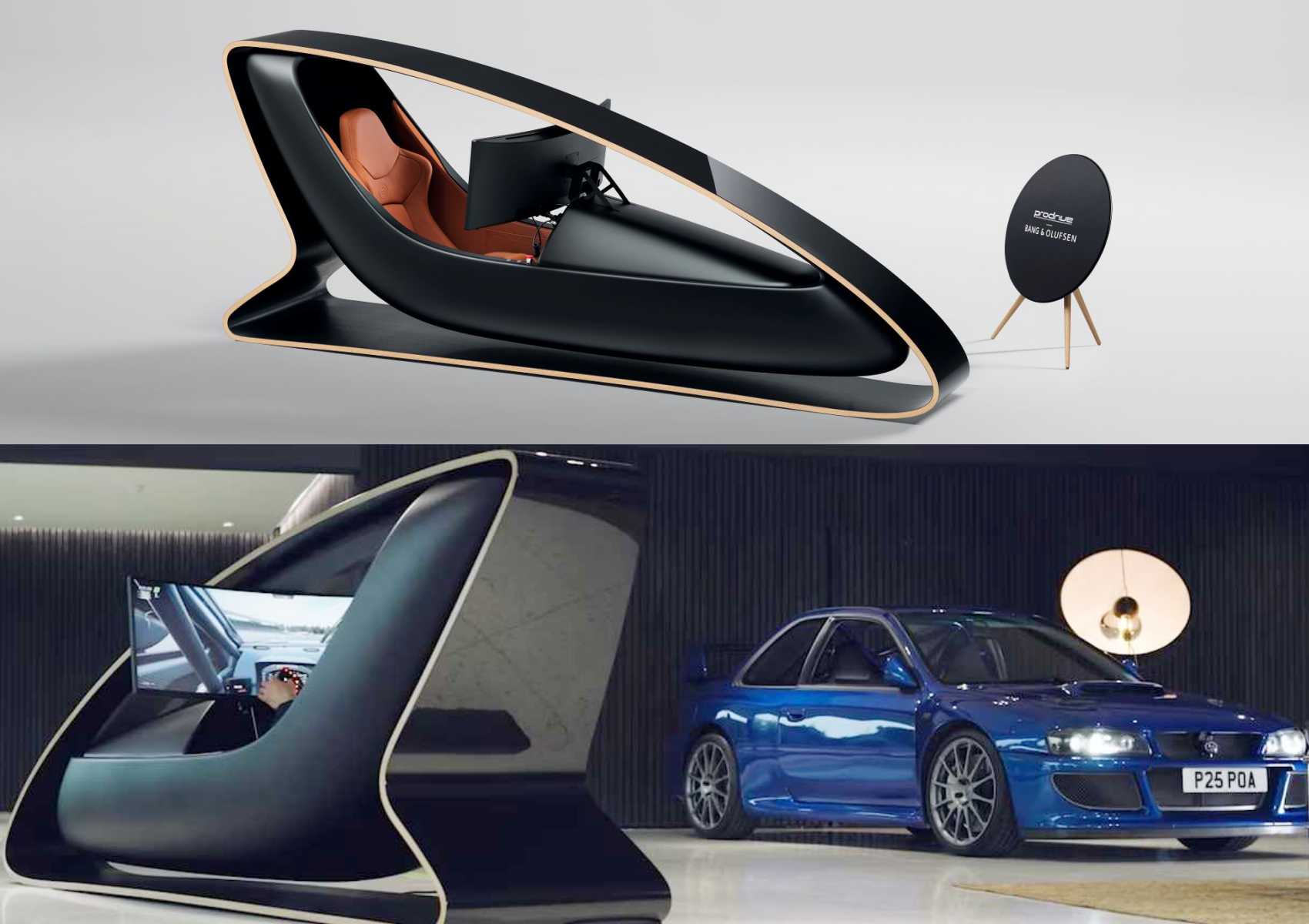 A modern Collector’s Racing Sim: Ex-Jag Designer and Prodrive unveil a limited edition rig with B&O sound, featuring a sleek black frame and brown seat, shown alone and in use near a blue sports car in an indoor setting.