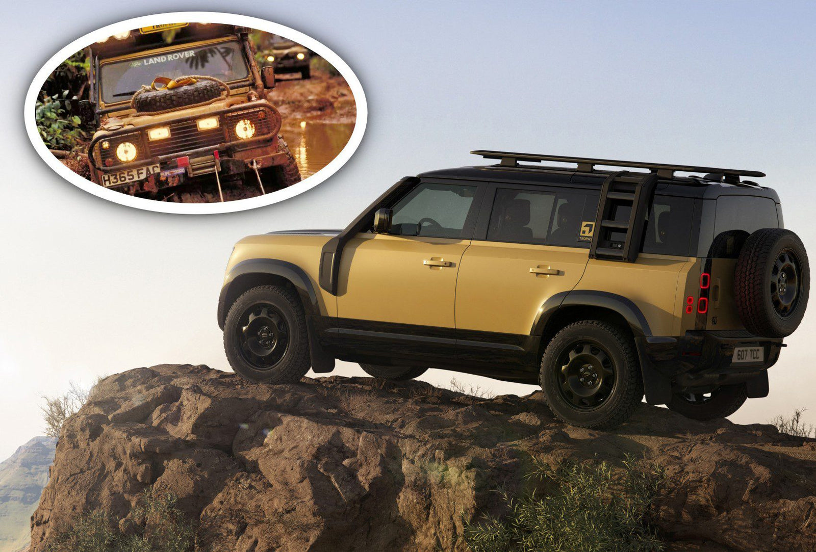 A modern Land Rover Defender is parked on a rocky hill, with an inset showing an older model tackling muddy terrain—Global Adventure Reignited: Land Rover’s Defender Trophy and Exclusive Trophy Edition Revealed.