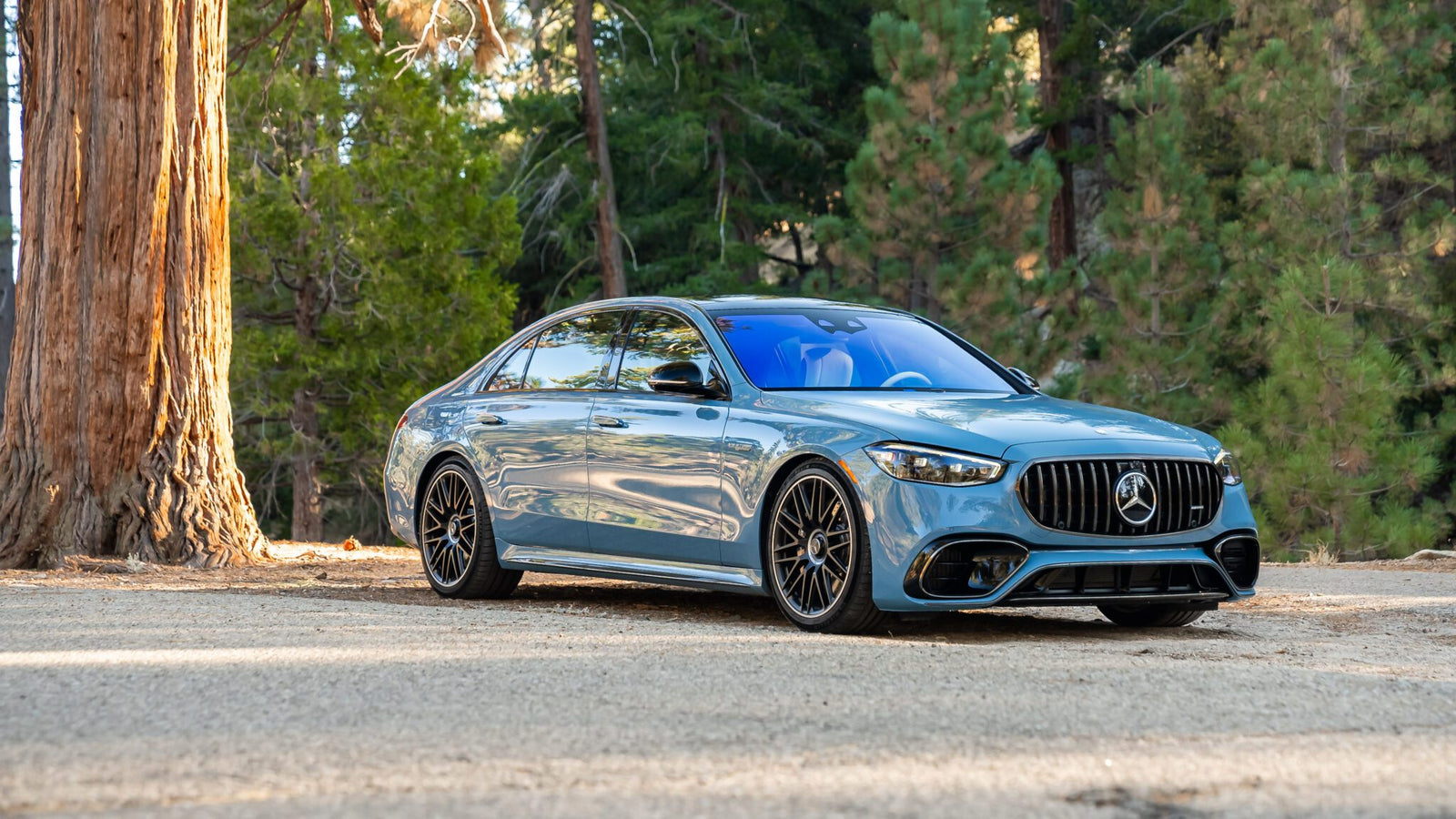 A blue luxury sedan parked on a forest road with tall trees in the background.