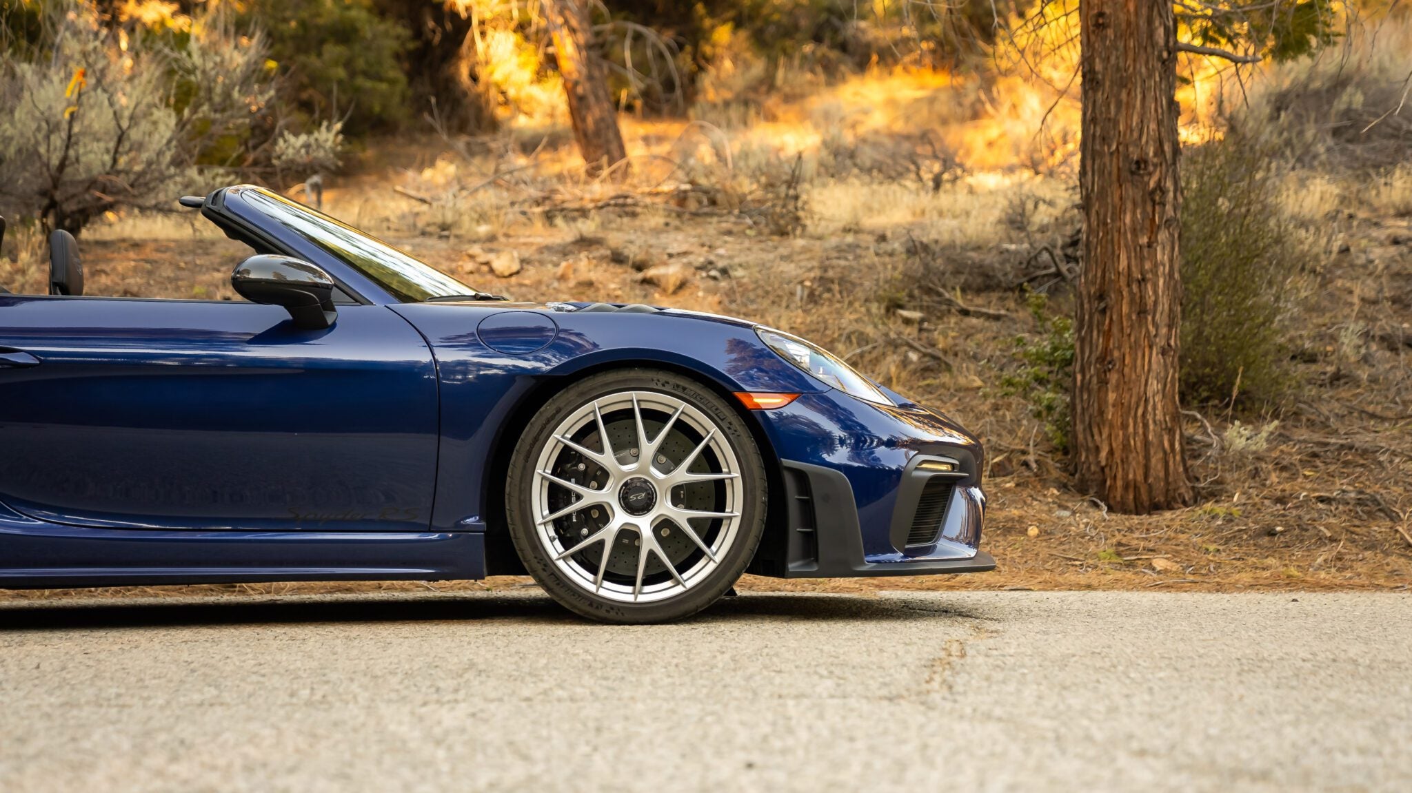 Side view of a parked blue convertible sports car on a road, with a forested background.