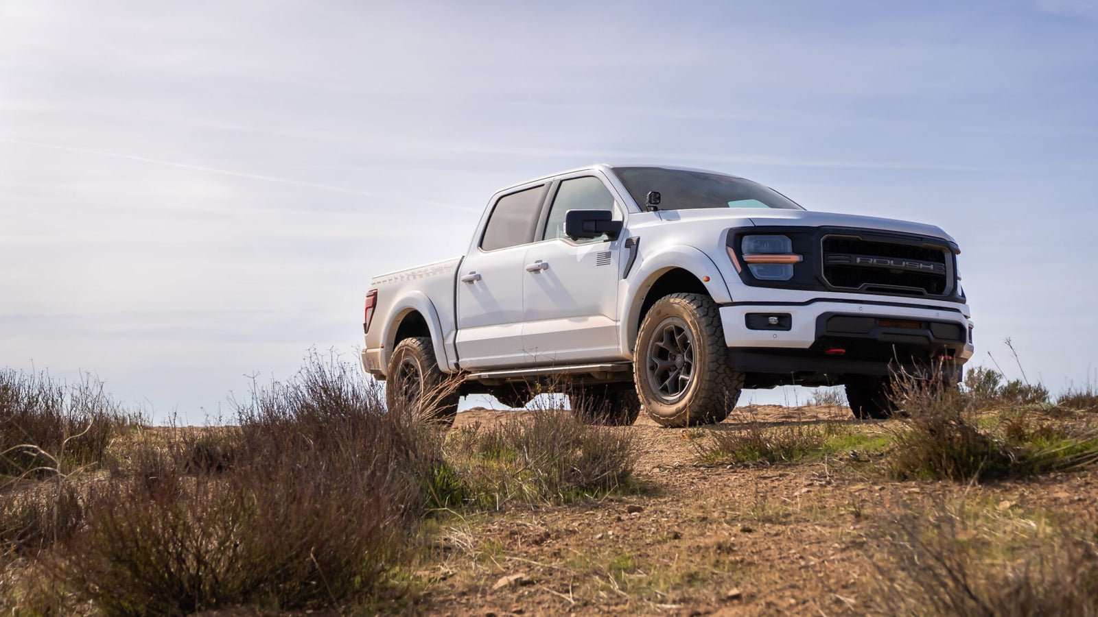 A white pickup truck parked on a dirt road, surrounded by dry grass and bushes under a clear sky.