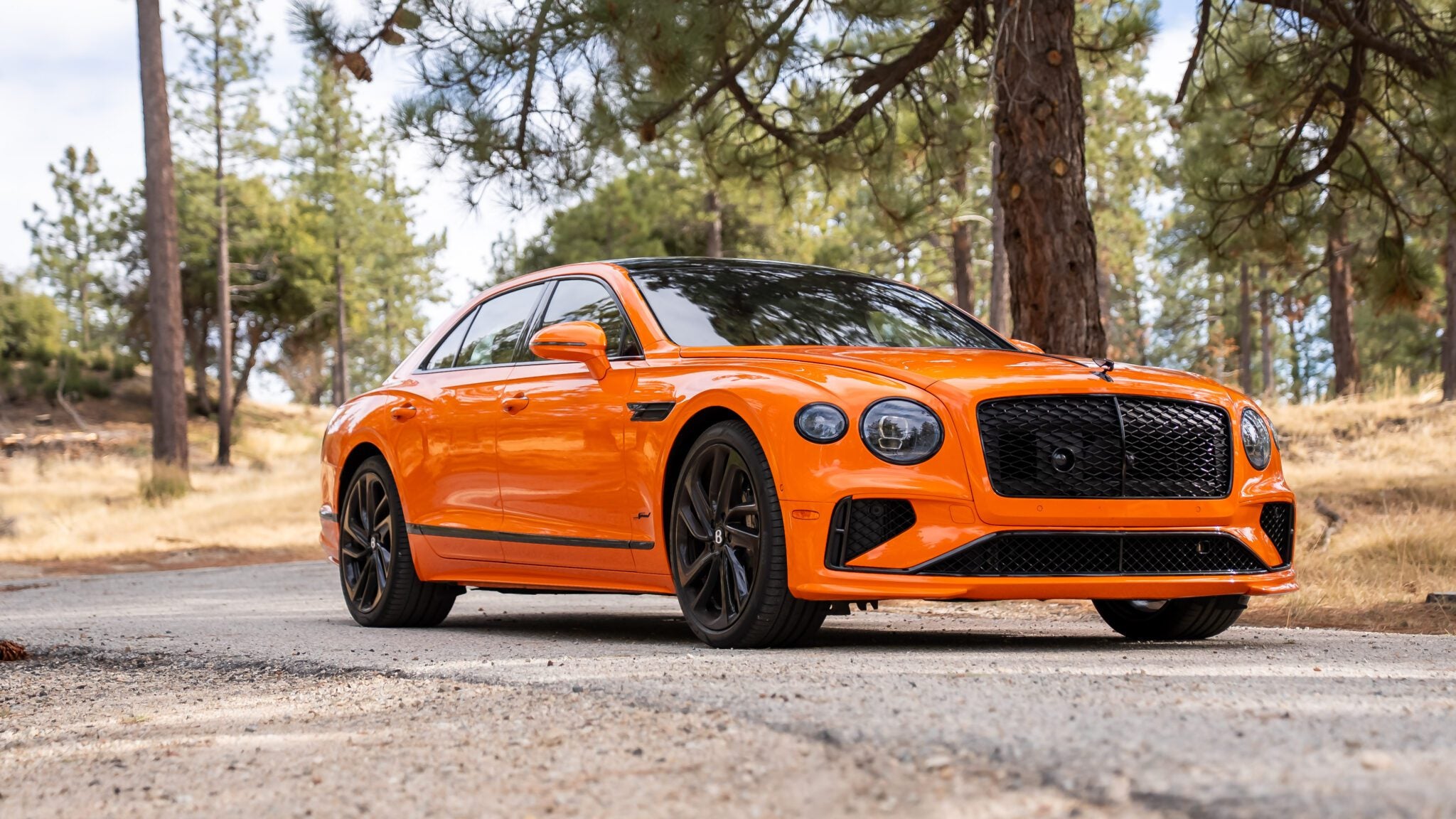 An orange luxury sedan with black accents parked on a forest road, surrounded by trees and dry grass.