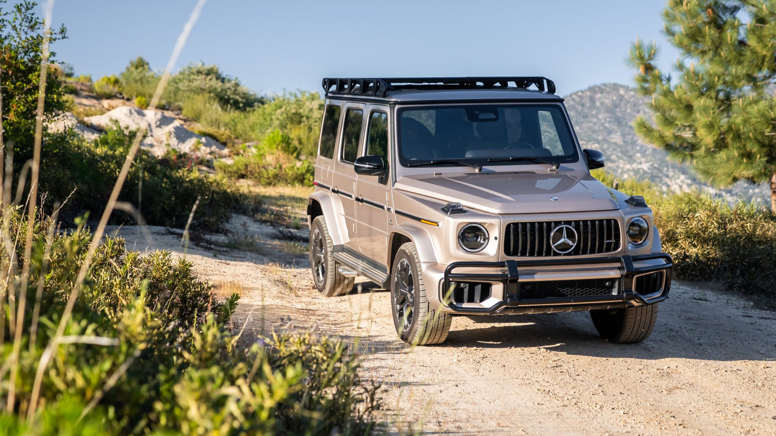 A silver Mercedes-Benz G-Class SUV with a roof rack is parked on a dirt road surrounded by greenery and mountains.