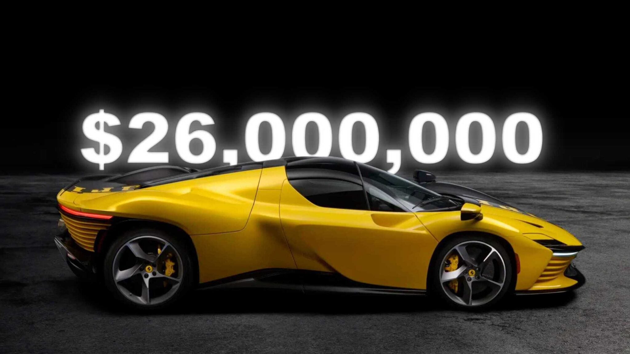 A yellow sports car with a price of $26,000,000 displayed in large white numbers above it, featured among the 2025 RM Sotheby's Monterey Auction: Top 10 Results And Highlights.