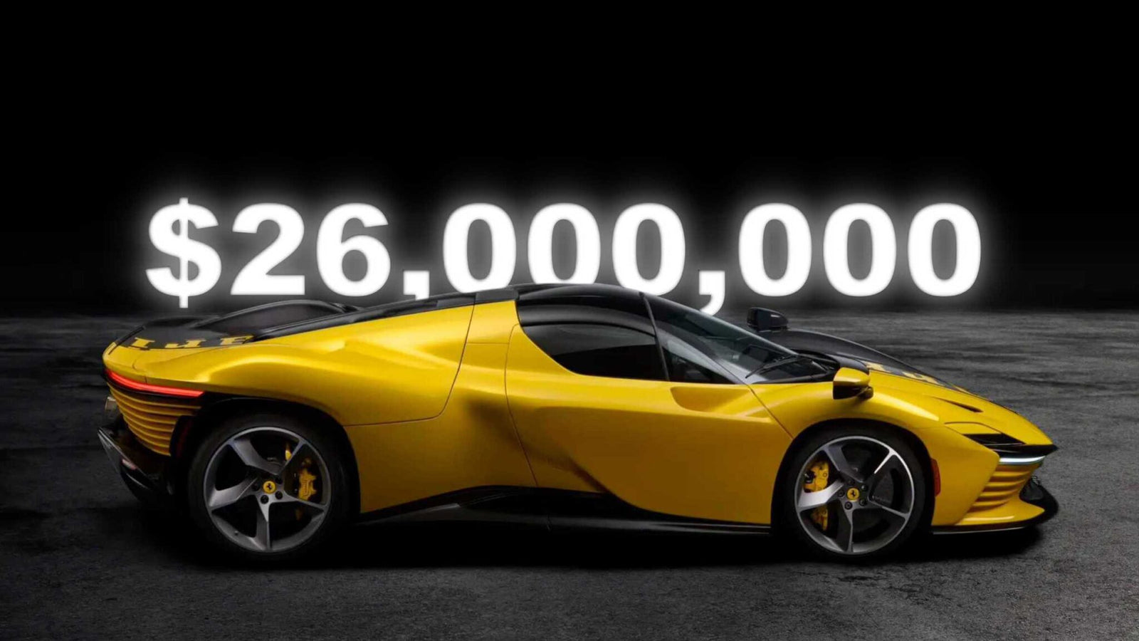 A yellow sports car with a price of $26,000,000 displayed in large white numbers above it, featured among the 2025 RM Sotheby's Monterey Auction: Top 10 Results And Highlights.