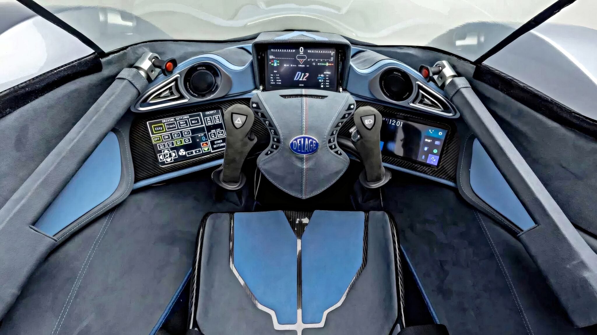 Futuristic vehicle cockpit inspired by 10 Cars That Feature a Central Driving Position, with dual-control steering wheel, multiple digital displays, and control panels featuring various buttons and indicators.