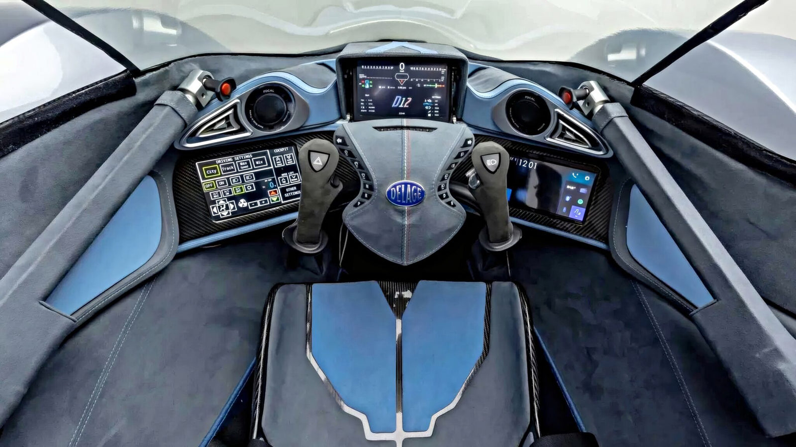 Futuristic vehicle cockpit inspired by 10 Cars That Feature a Central Driving Position, with dual-control steering wheel, multiple digital displays, and control panels featuring various buttons and indicators.