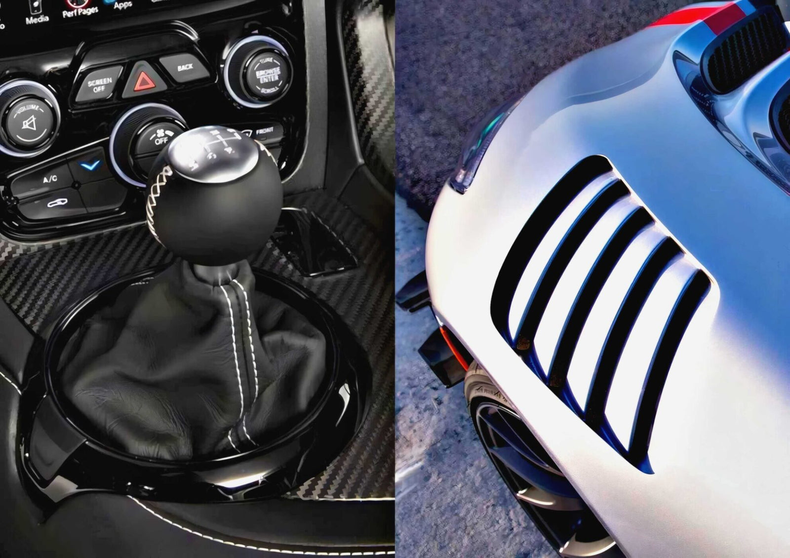 Close-up of a car’s manual gear shifter and console on the left, next to a detailed view of a vented hood on a silver sports car—the last V10-powered RWD sports car to feature a manual transmission—on the right.