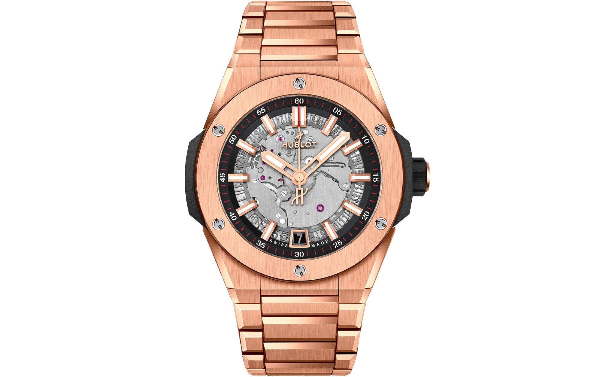 A rose gold Hublot wristwatch with a metallic bracelet, exposed movement on the dial, black accents, and a date window at 6 o'clock—an exquisite choice among the best luxury watches.