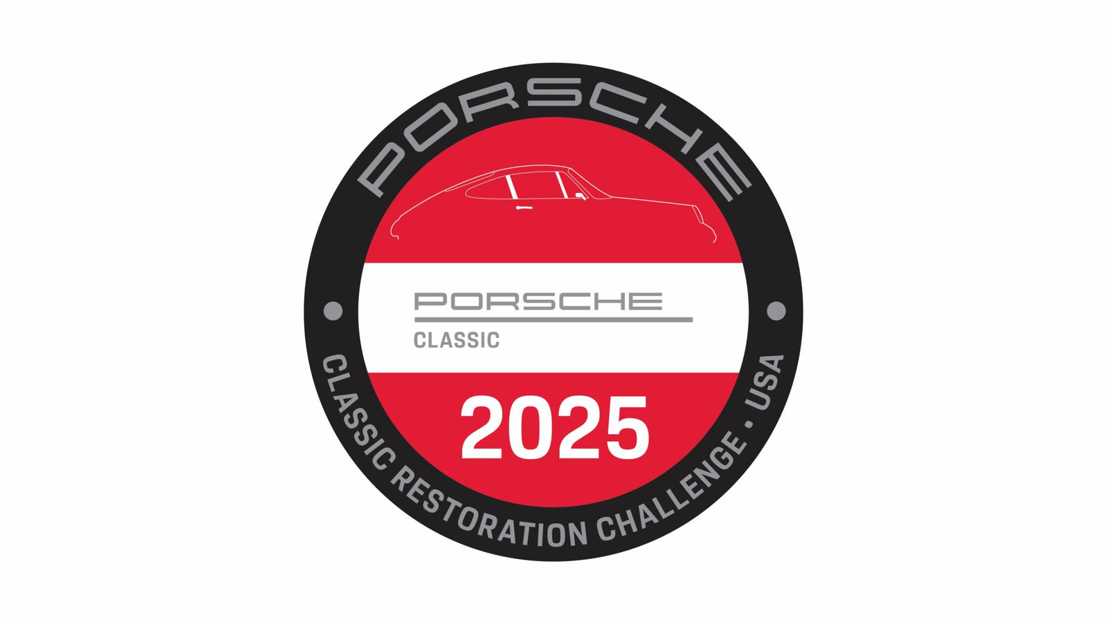 Porsche Classic Restoration Challenge USA 2025 emblem showcases a sleek silhouette of a Porsche car set against a dynamic red and white background, perfectly capturing the spirit of the renowned Porsche Challenge.