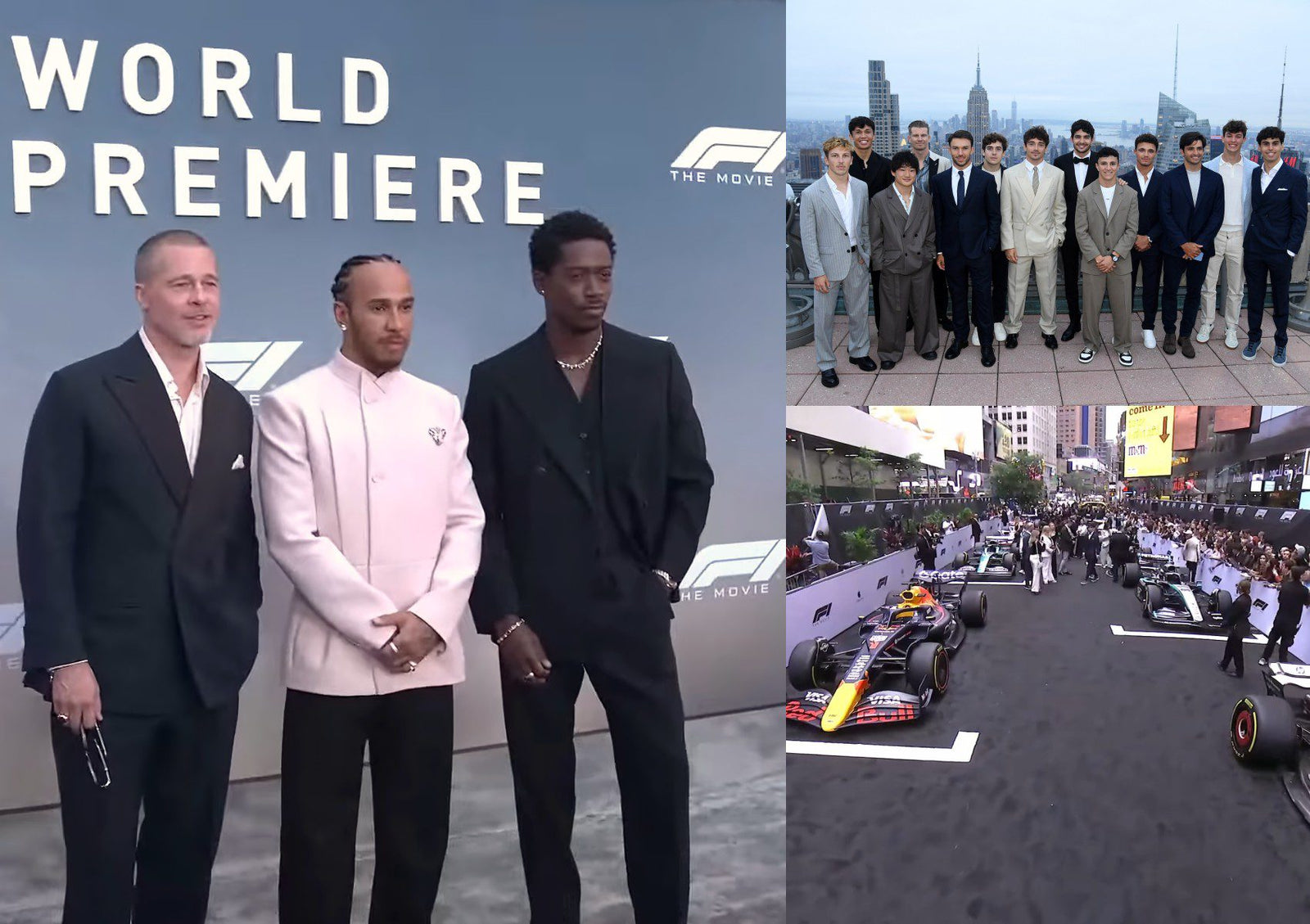 Three men in suits pose at the Star‑Studded Formula 1 Movie World Premiere backdrop; adjacent are a group photo of men in suits on a rooftop and a street scene with racing royalty, F1 cars, and crowds revving up NYC with A‑list glamor.