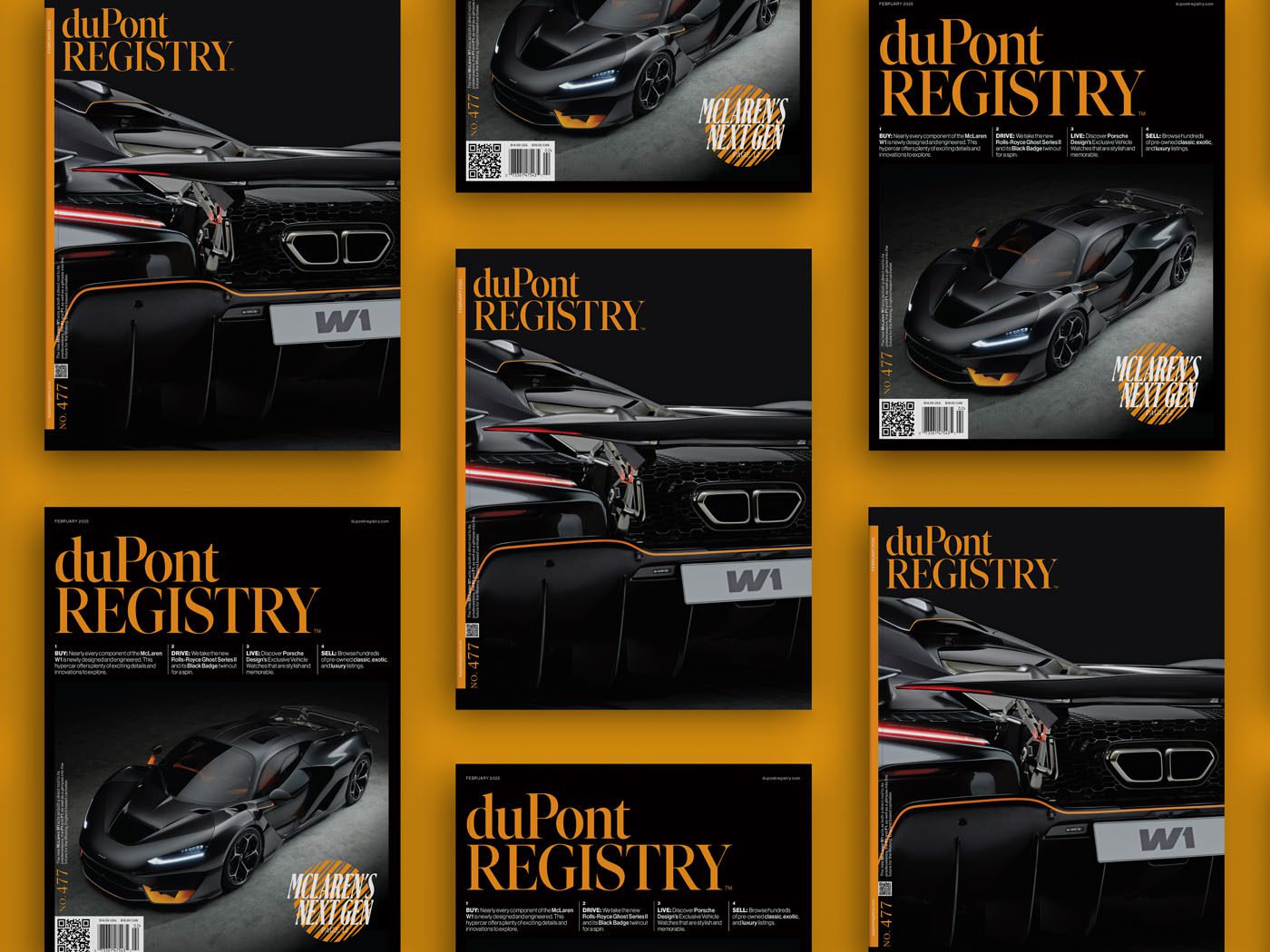 Multiple copies of duPont REGISTRY No. 477, featuring a sleek black sports car on the cover, are arranged neatly on a vibrant yellow background. The February 2025 issue captures the essence of luxury and performance in every detail.
