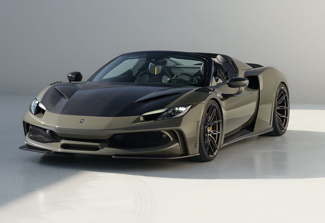 A sleek, dark green convertible sports car, featuring black accents and aerodynamic design, sits gracefully on a light surface. With its low-profile tires, this NOVITEC-enhanced Ferrari 296 GTS exudes a powerful allure worthy of the N-LARGO badge.