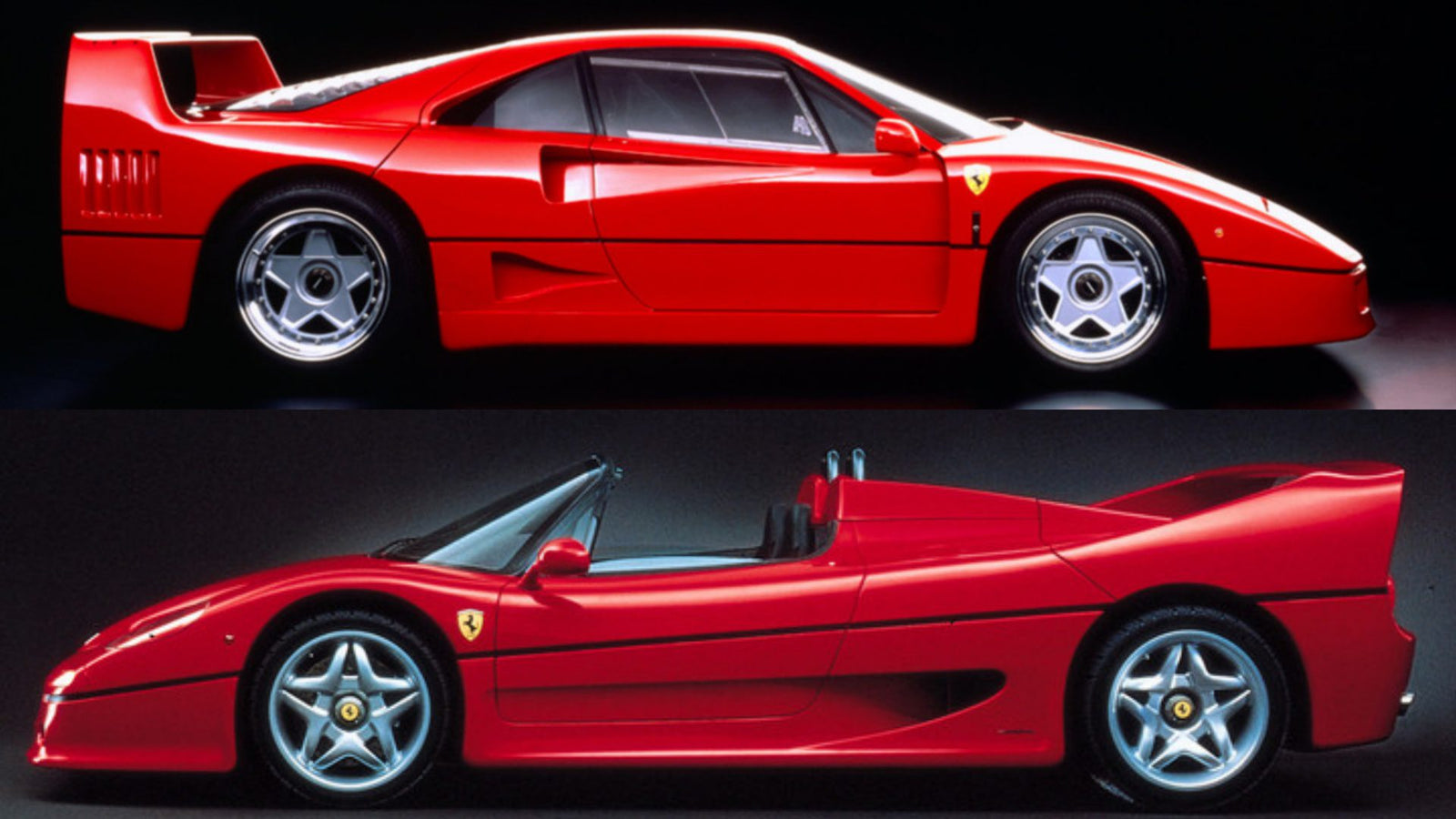 Side view comparison: Ferrari F40 vs Ferrari F50—two red sports cars, with the F40 as a hardtop coupe above and the F50 as a convertible below.