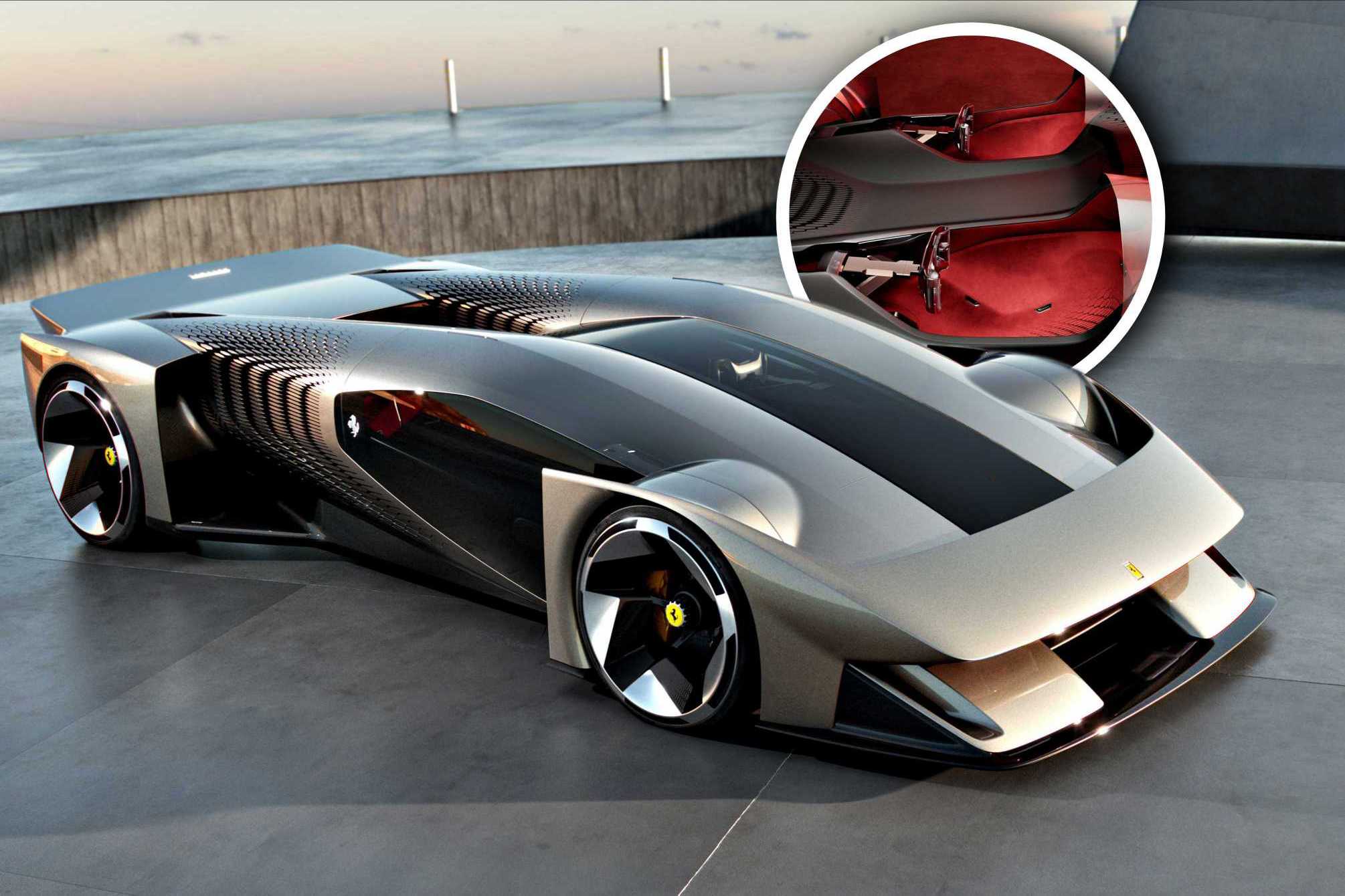 Futuristic silver Ferrari F76: The Prancing Horse’s First-Ever Virtual Hypercar with black accents parked on concrete; inset shows close-up of the red interior and angular dashboard controls.