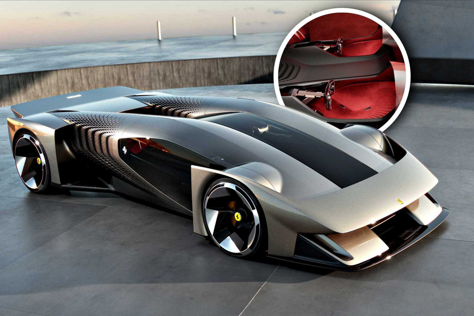 Futuristic silver Ferrari F76: The Prancing Horse’s First-Ever Virtual Hypercar with black accents parked on concrete; inset shows close-up of the red interior and angular dashboard controls.