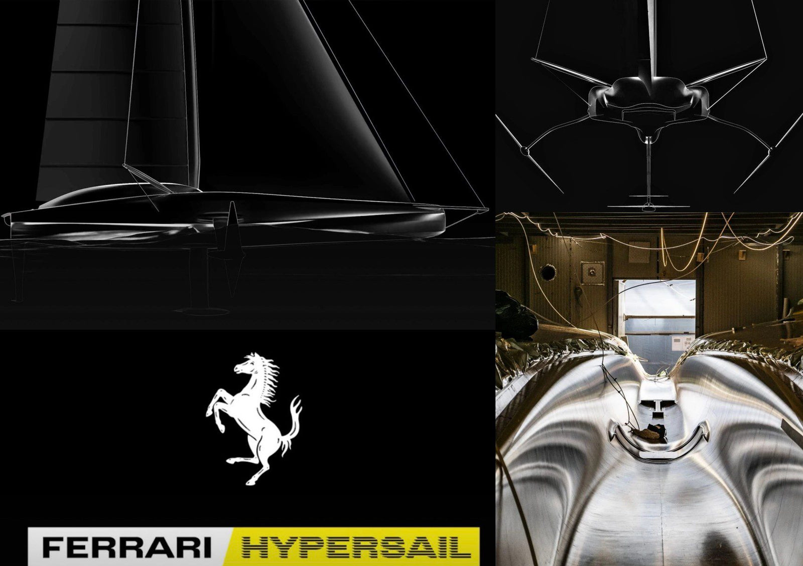 Collage featuring sailboat design renderings, a workshop with a boat hull under construction, the Ferrari logo, and a "No Engine No Fuel: Ferrari Hypersail Is The Next Performance Frontier For The Prancing Horse" label.
