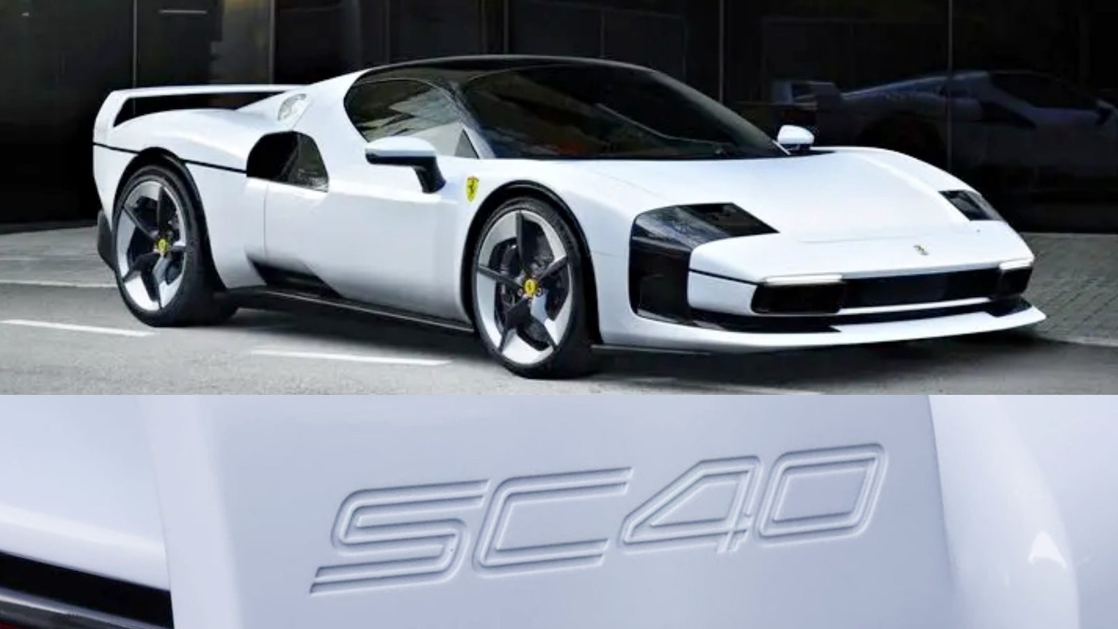 A white Ferrari SC40 sports car is parked outdoors; a close-up below shows "SC40" embossed on its body—a modern homage to the iconic F40.