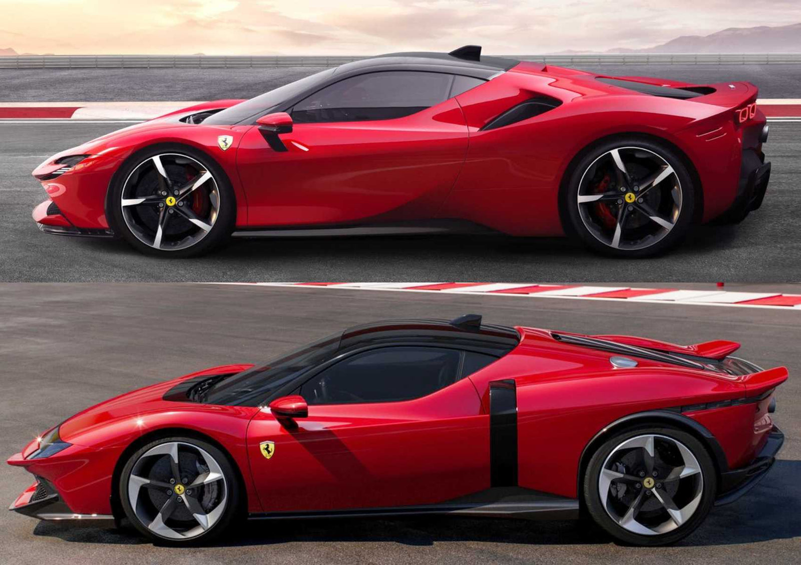 Two red Ferrari sports cars, the SF90 Stradale and the 849 Testarossa, are shown side by side on a racetrack, both photographed from the side to emphasize their sleek aerodynamic designs in this striking comparison.