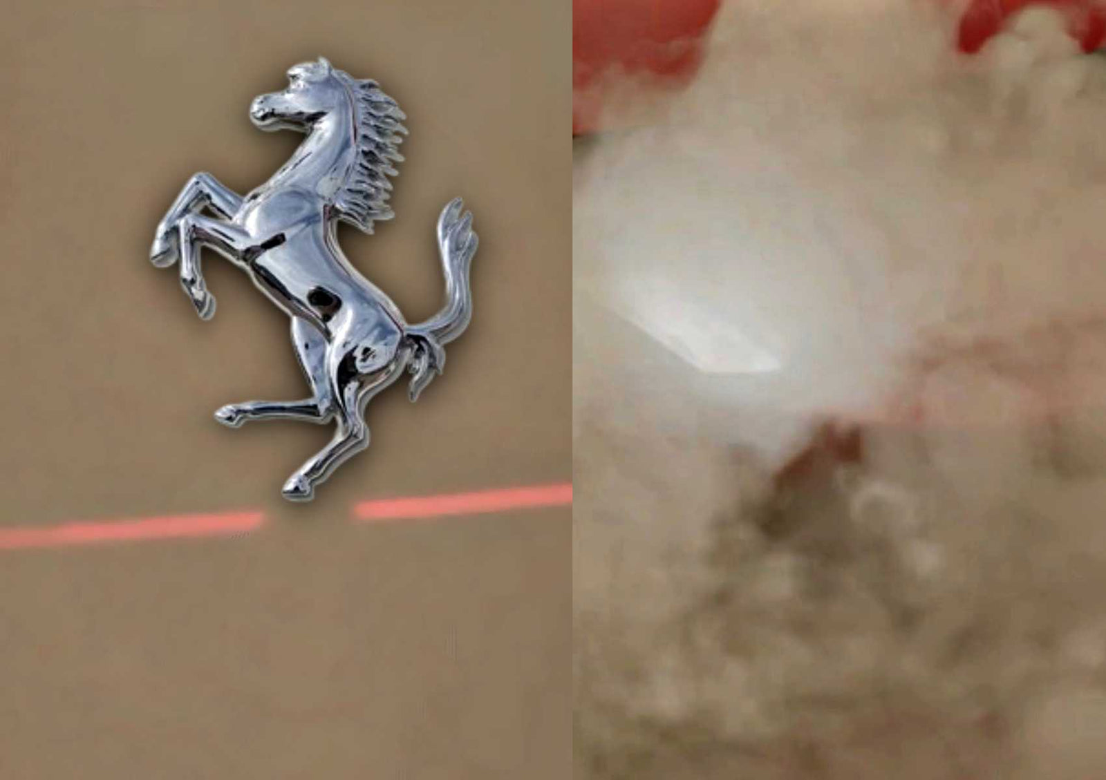 A silver prancing horse emblem on a tan surface is shown on the left, with pink and white smoke or haze on the right, hinting at an exciting Ferrari unveiling—possibly the highly anticipated SF90 successor.