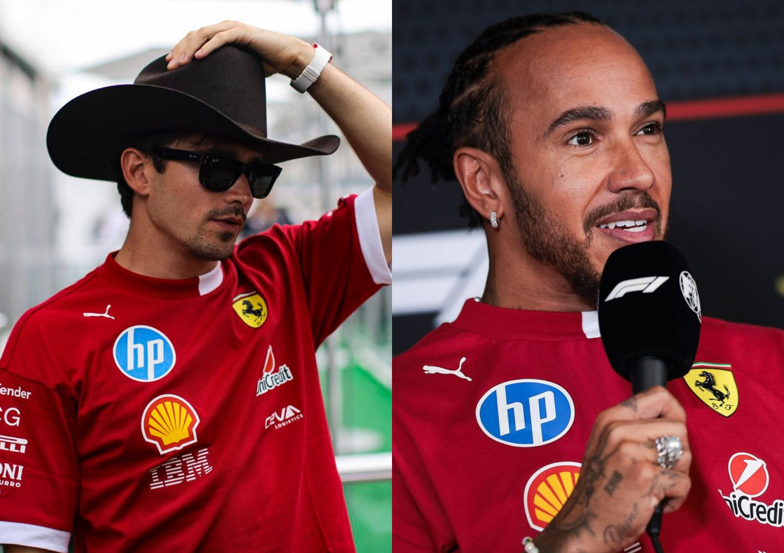 Two people wearing red Ferrari team shirts; one adjusts a black cowboy hat and sunglasses, the other speaks into a microphone during an interview.