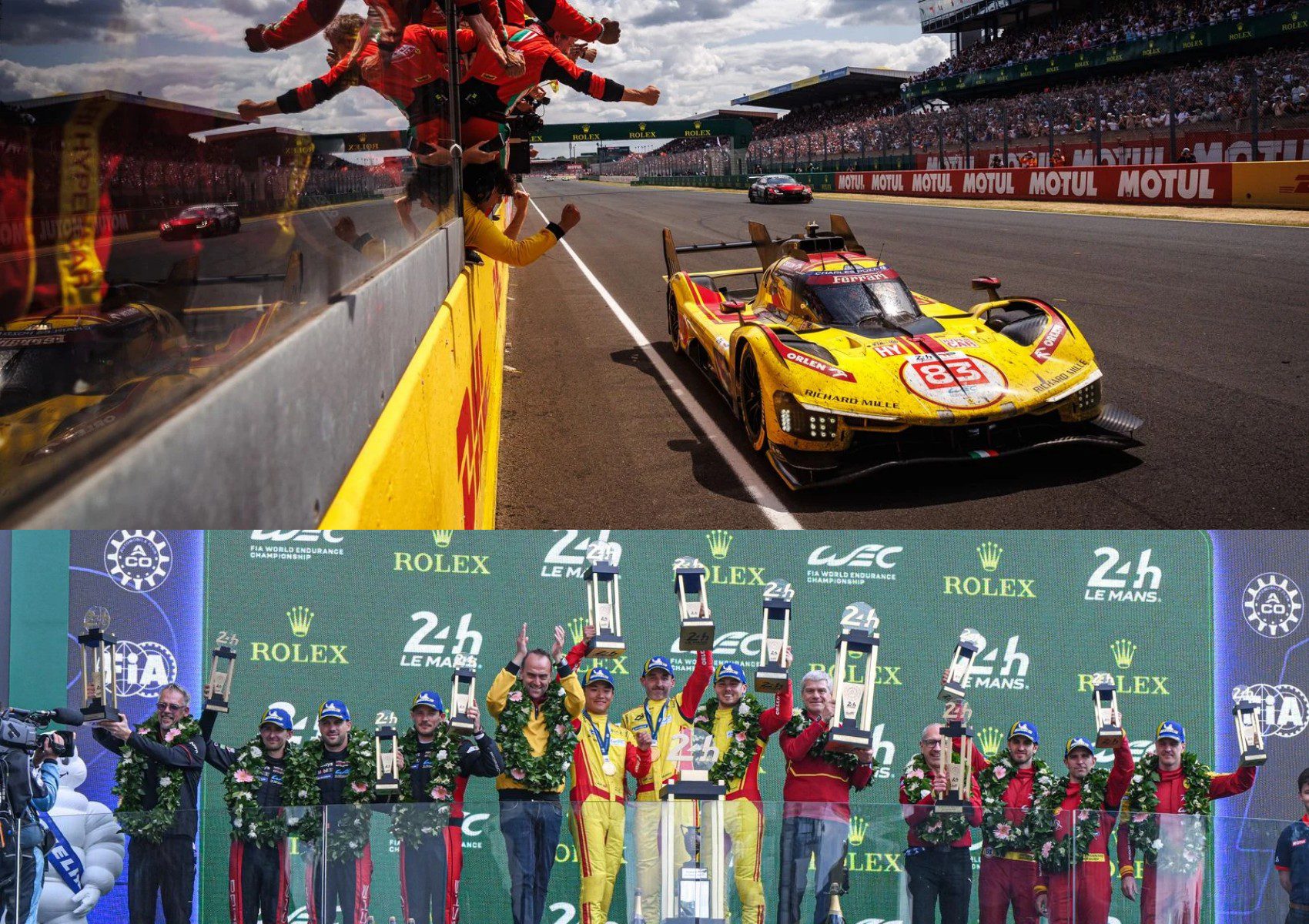 A yellow race car crosses the finish line as a pit crew celebrates; below, a group stands on a podium holding trophies at a thrilling Le Mans racing event, with Ferrari and Porsche teams among the competitors.