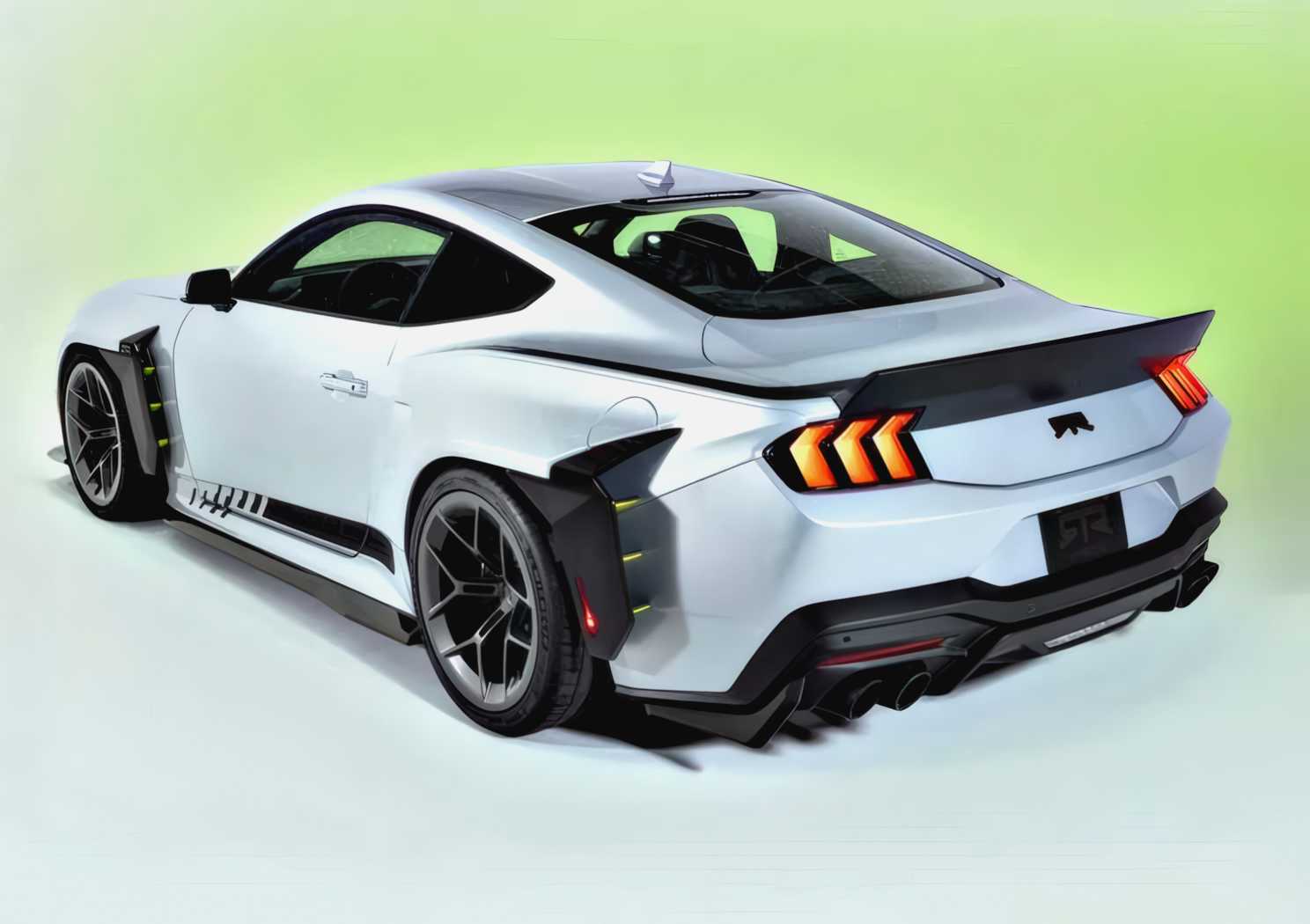 A white, modified 2026 Mustang RTR Spec 5 with wide body kit, rear spoiler, black accents, and angular taillights—packs more power than Ford’s GTD—set against a light green background.
