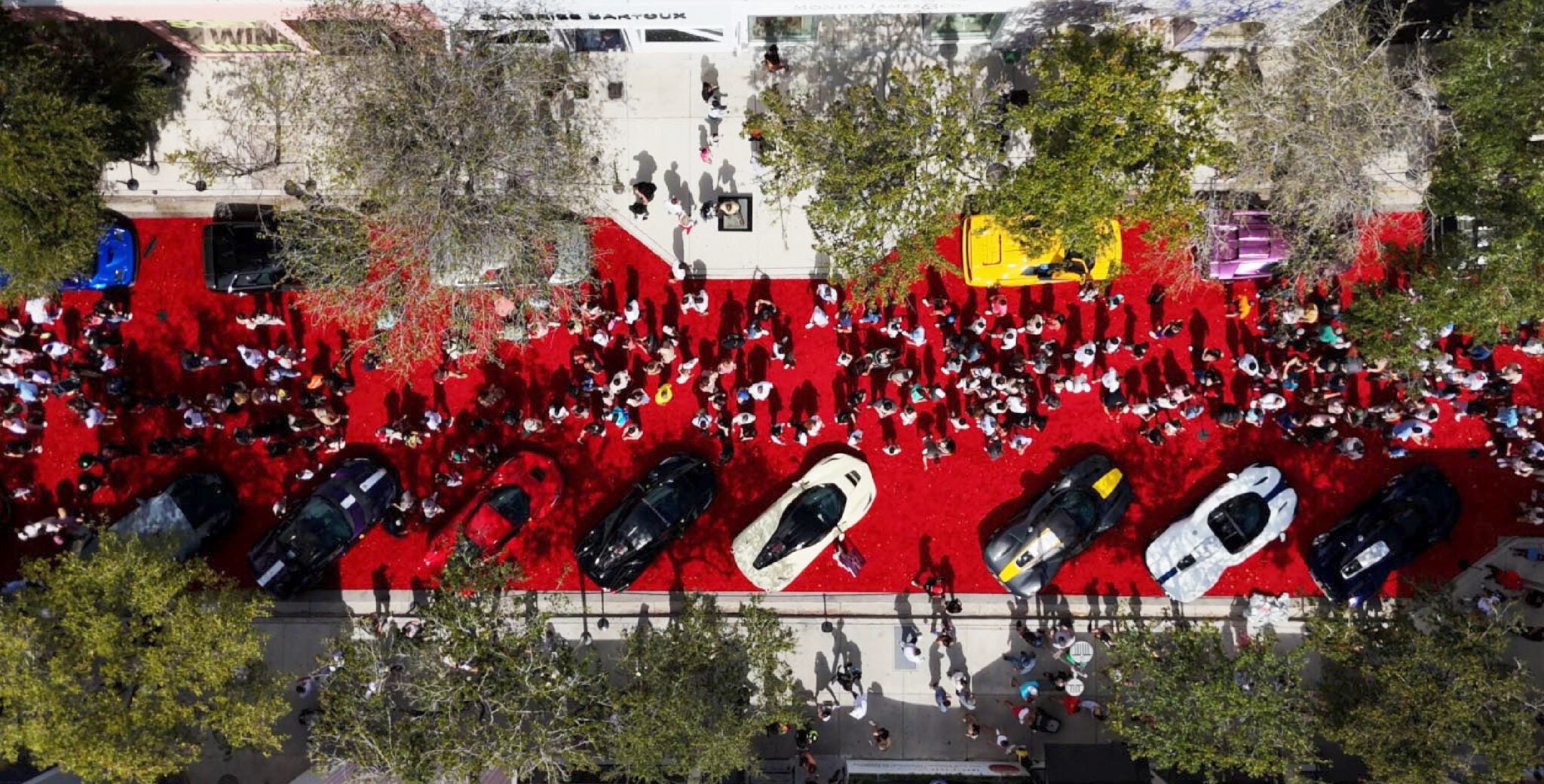 Aerial view of the Miami Concours 2025 event, with luxury cars displayed on a red carpet, surrounded by award winners, guests, and trees on a sunny day.