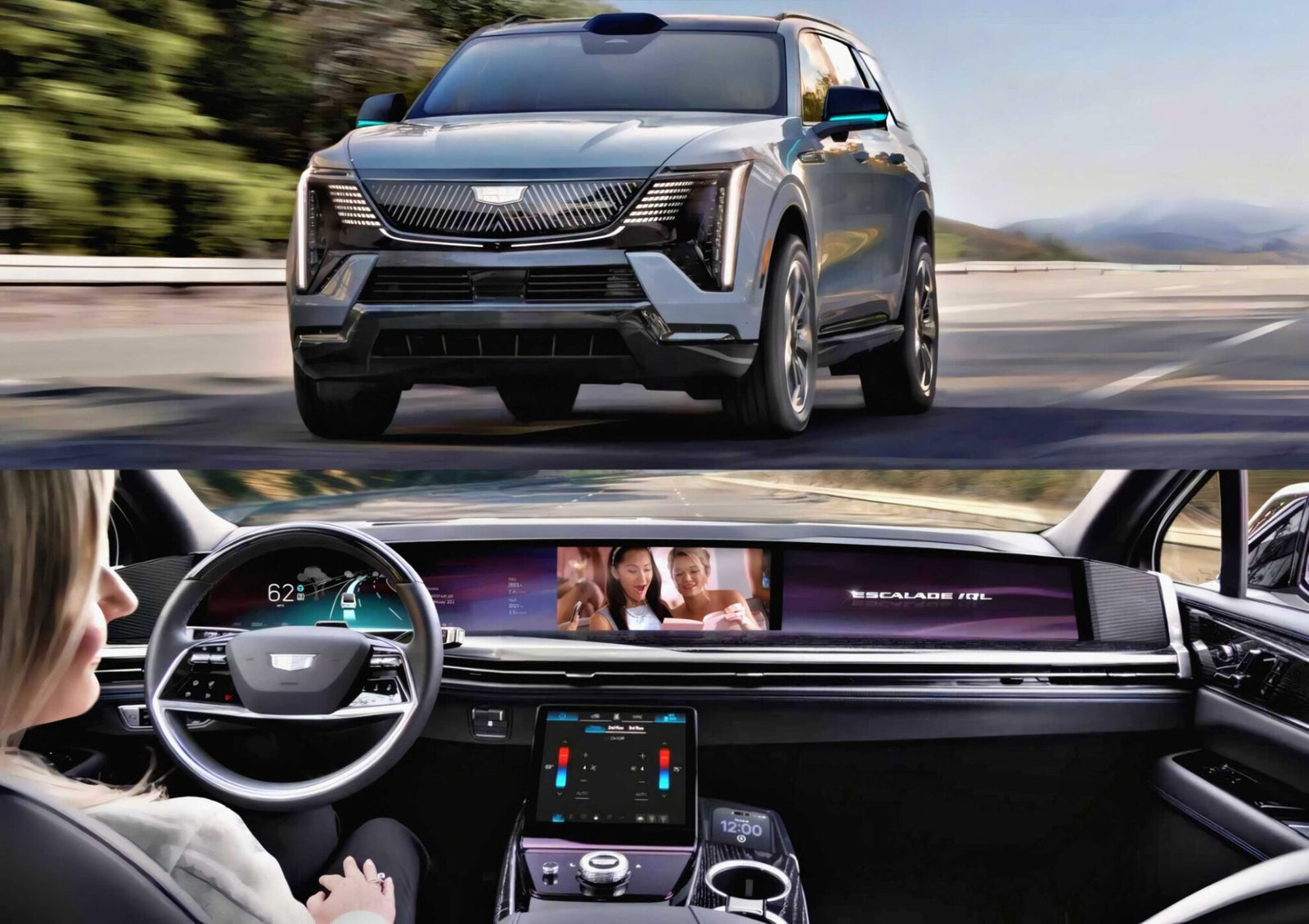 A luxury SUV is shown driving on a road; below, the interior view highlights a digital dashboard, large touchscreen displays, and hints at GM’s Next Big Leap: Conversational AI in 2026 for a truly futuristic driving experience.