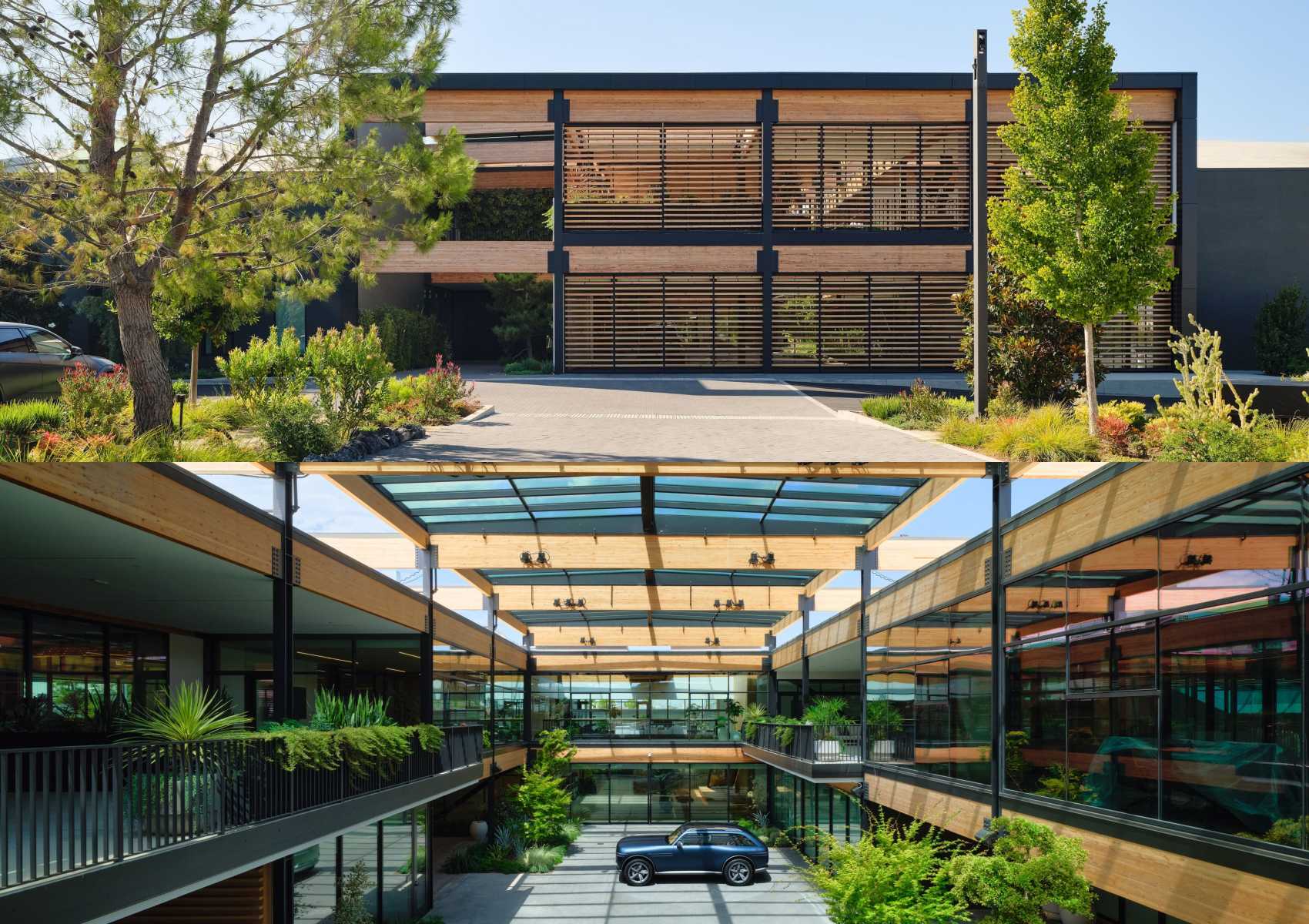 Modern two-story building with wood and glass facade; Genesis unveils its 80,000-square-foot design studio in El Segundo, California. Courtyard view reveals open-air walkways, greenery, and a parked car.
