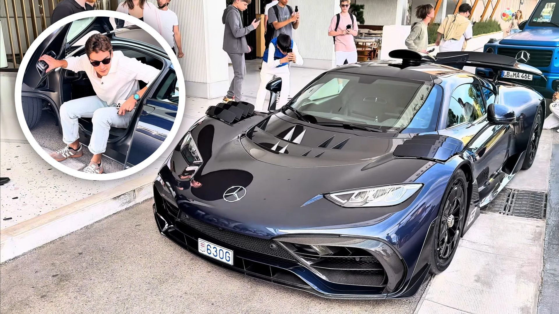 A man exits a car as people gather to take photos of a parked blue Mercedes-AMG One sports car on the street in Monaco, possibly hoping to spot George Russell nearby.