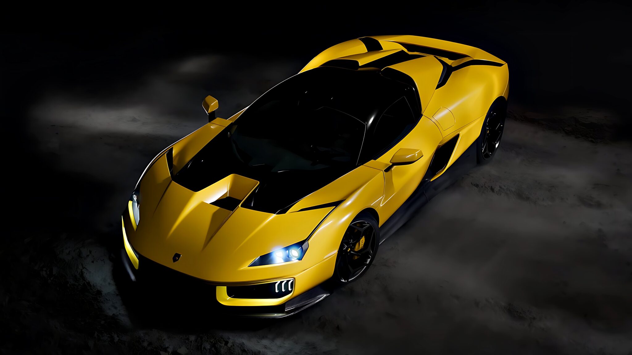 A yellow sports car with black accents is parked on a dark surface, illuminated from above, highlighting its sleek and angular design—echoing the spirit of 20 Cars That Focused on Analog Engagement in 2025.