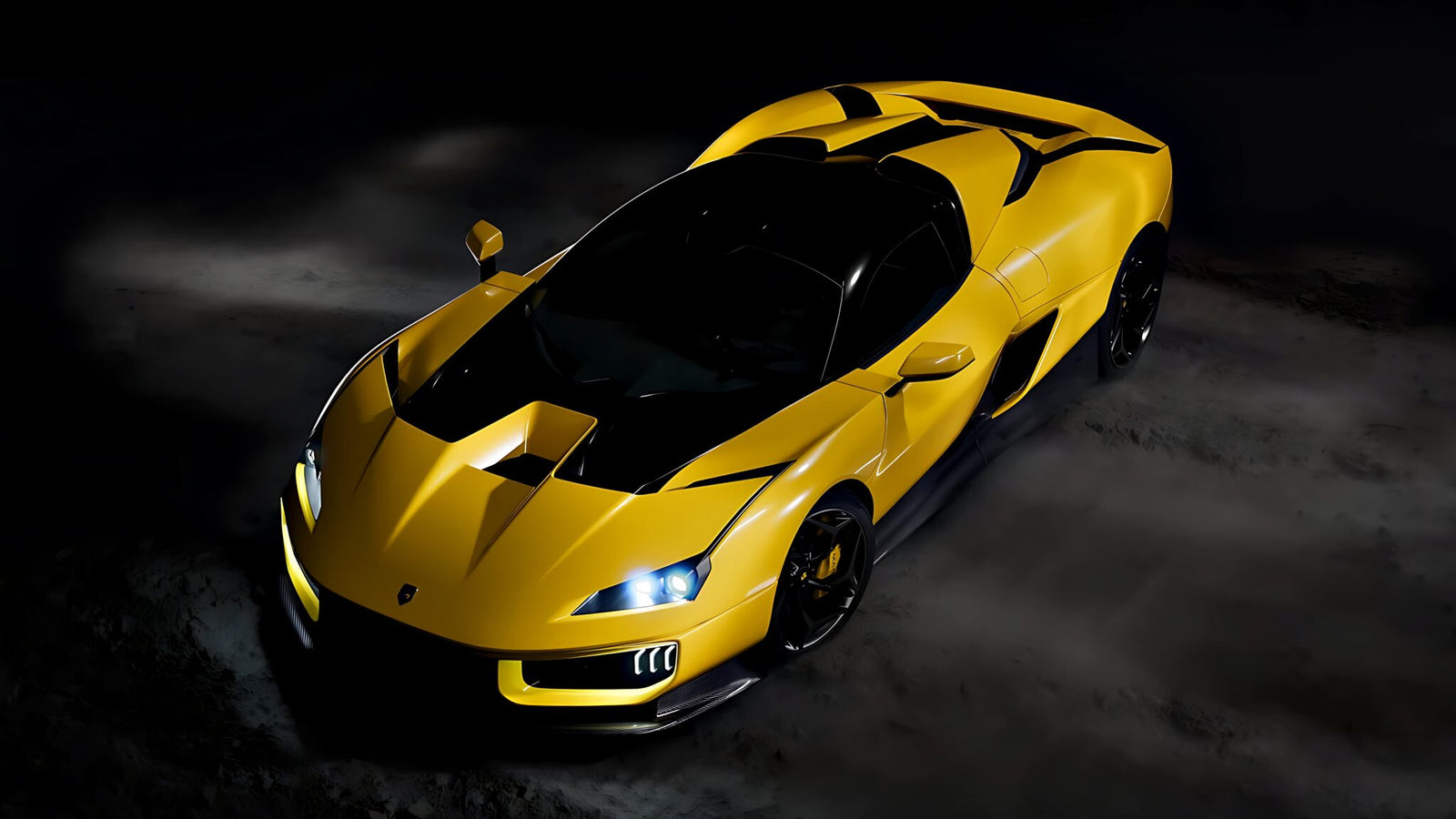 A yellow sports car with black accents is parked on a dark surface, illuminated from above, highlighting its sleek and angular design—echoing the spirit of 20 Cars That Focused on Analog Engagement in 2025.