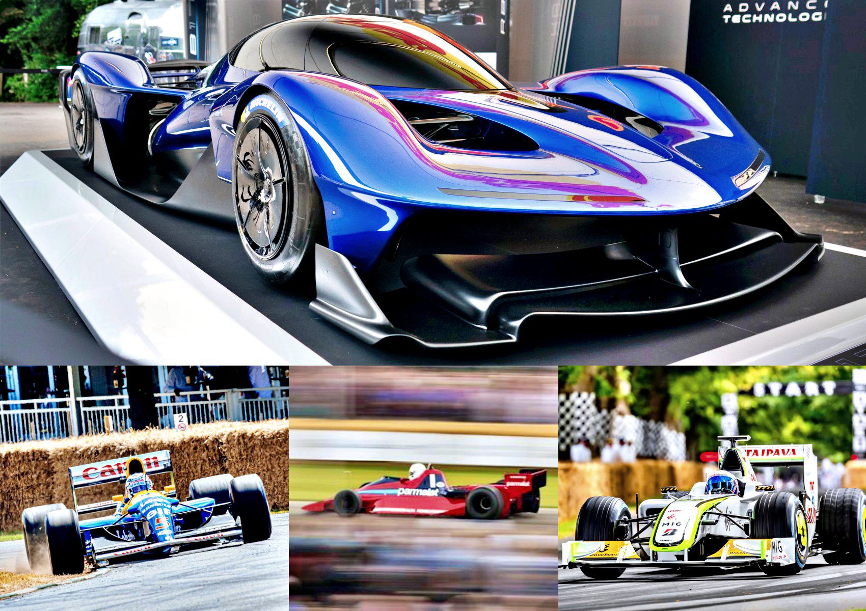 A blue futuristic sports car displayed indoors above three racing cars in action on outdoor tracks, each captured at speed from different events, celebrates the thrill of Formula 1 and 75 Years of F1 racing heritage.