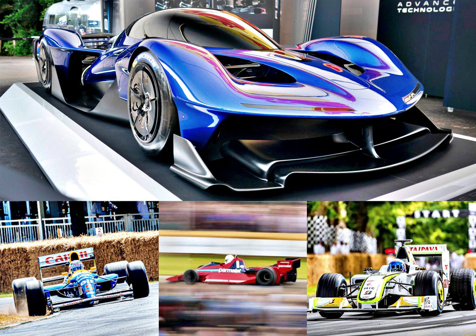 A blue futuristic sports car displayed indoors above three racing cars in action on outdoor tracks, each captured at speed from different events, celebrates the thrill of Formula 1 and 75 Years of F1 racing heritage.