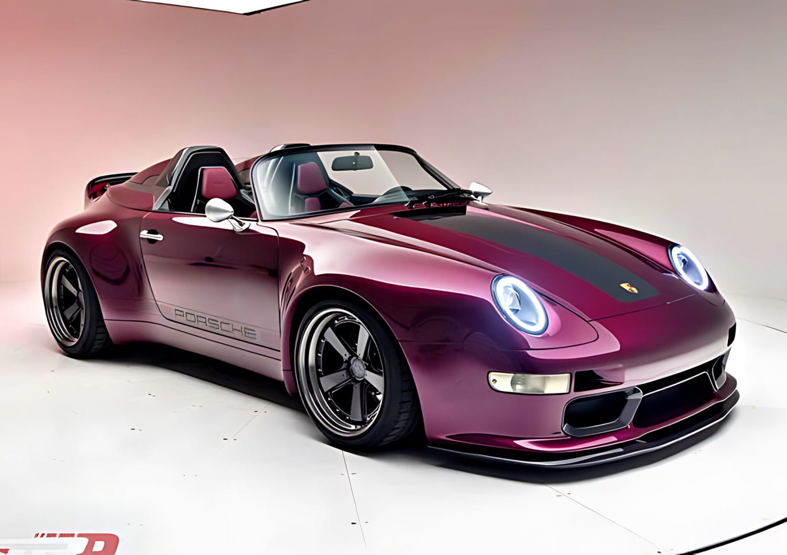A purple Gunther Werks Speedster convertible with black accents is displayed in a studio with white walls and a seamless floor, showcasing the signature style of Graham Rahal Performance.