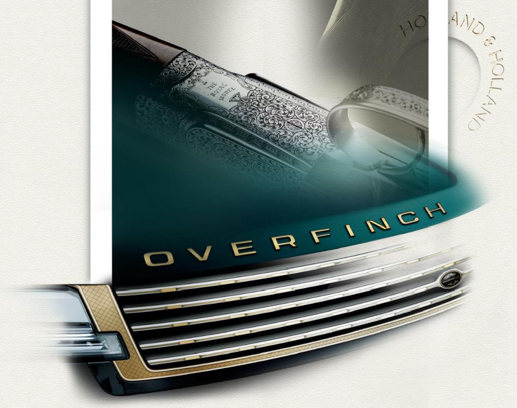 Close-up of a car grille with "OVERFINCH" lettering and part of an engraved firearm, with "Holland & Holland" faintly visible in the background.