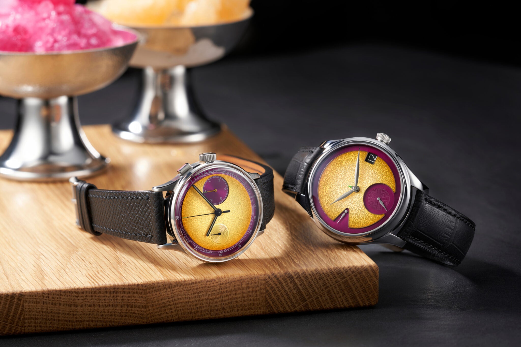 HMoser 1800 1200 Endeavour Perpetual Calendar StudioUnderd0g 03PFB 03SERIES Passion Fruit Lifestyle wood board shaved ice