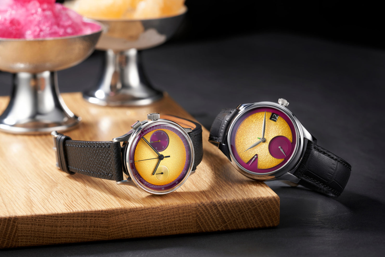 HMoser 1800 1200 Endeavour Perpetual Calendar StudioUnderd0g 03PFB 03SERIES Passion Fruit Lifestyle wood board shaved ice