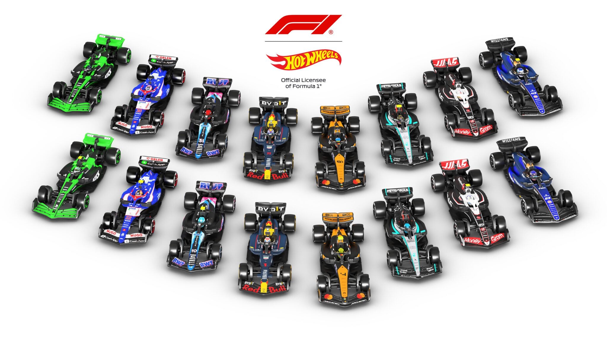 Top view of 15 colorful toy Formula 1 cars with a Hot Wheels and F1 logo above them on a white background.