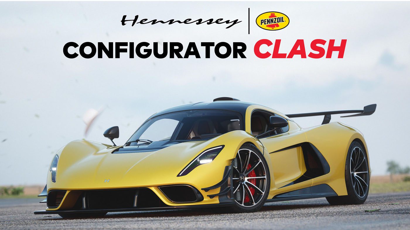 A yellow Venom F5 speeds down the track, with "Hennessey Configurator Clash" boldly displayed above, hinting at a thrilling design competition.