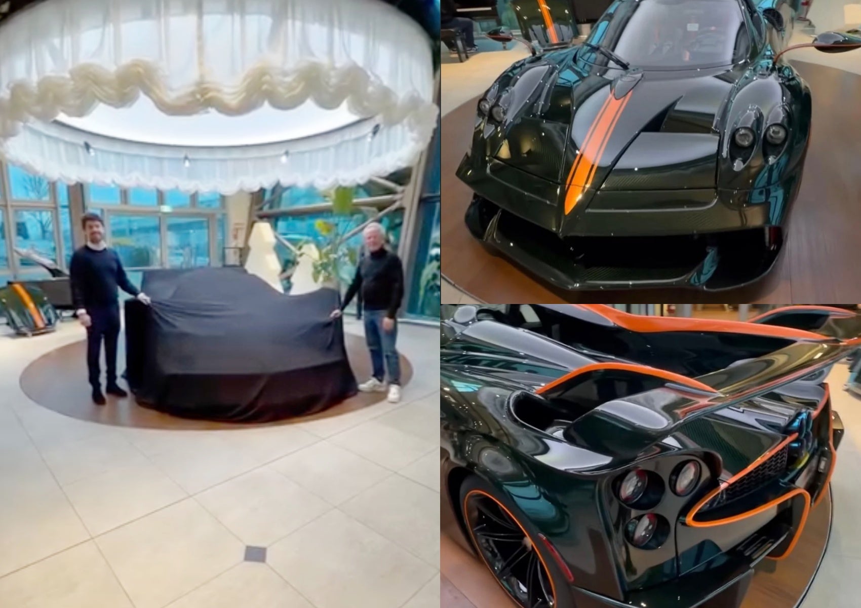 Two people unveil the Huayra 70 Trionfo, celebrating Horacio Pagani’s 70th birthday; close-up shots highlight the luxury sports car’s black paint, orange accents, and intricate detailing from front to rear.