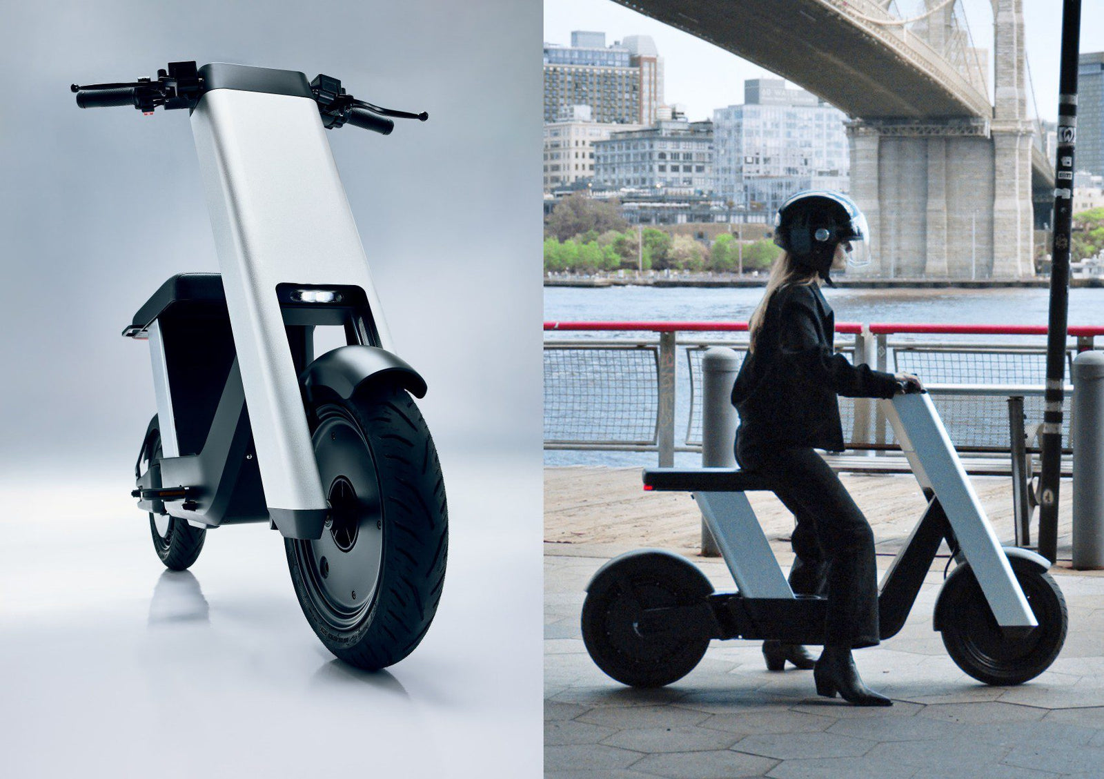 A modern Olto electric scooter is shown in a studio on the left; on the right, a person wearing a helmet rides the same Infinite Machine scooter outdoors near a bridge, gliding smoothly along the bike lane.
