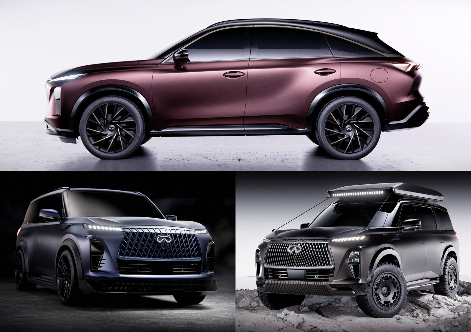 A side view of a maroon luxury SUV above two black luxury SUVs—one with a city design and the other modified for off-road use—highlights Infiniti’s 2025 Monterey Showcase: QX80 and QX65 SUV Concepts Take Center Stage.