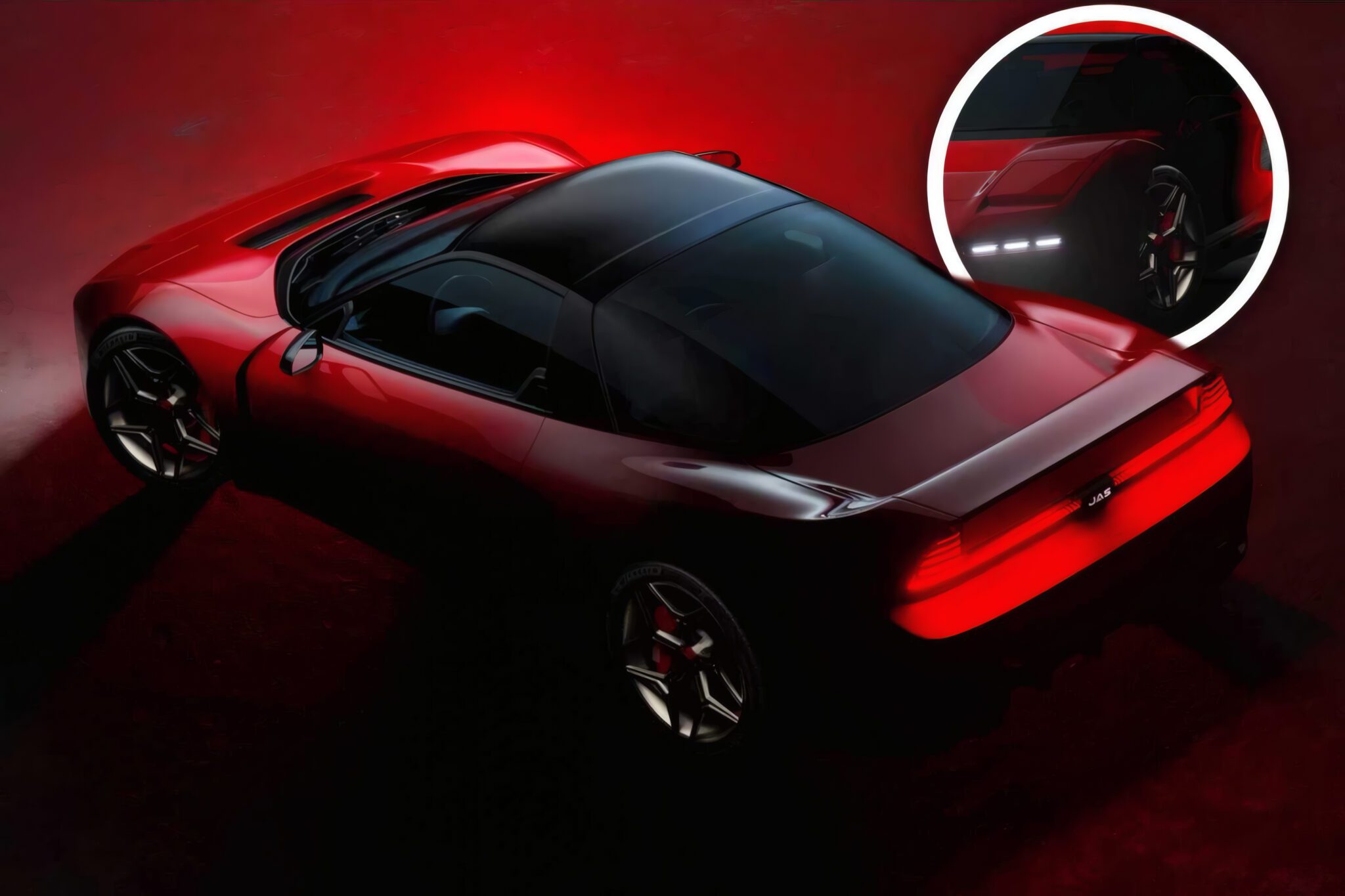 A red Honda NSX sports car with a black roof is viewed from above at an angle, with a circular inset highlighting its sleek LED front lights in this limited-run restomod edition.