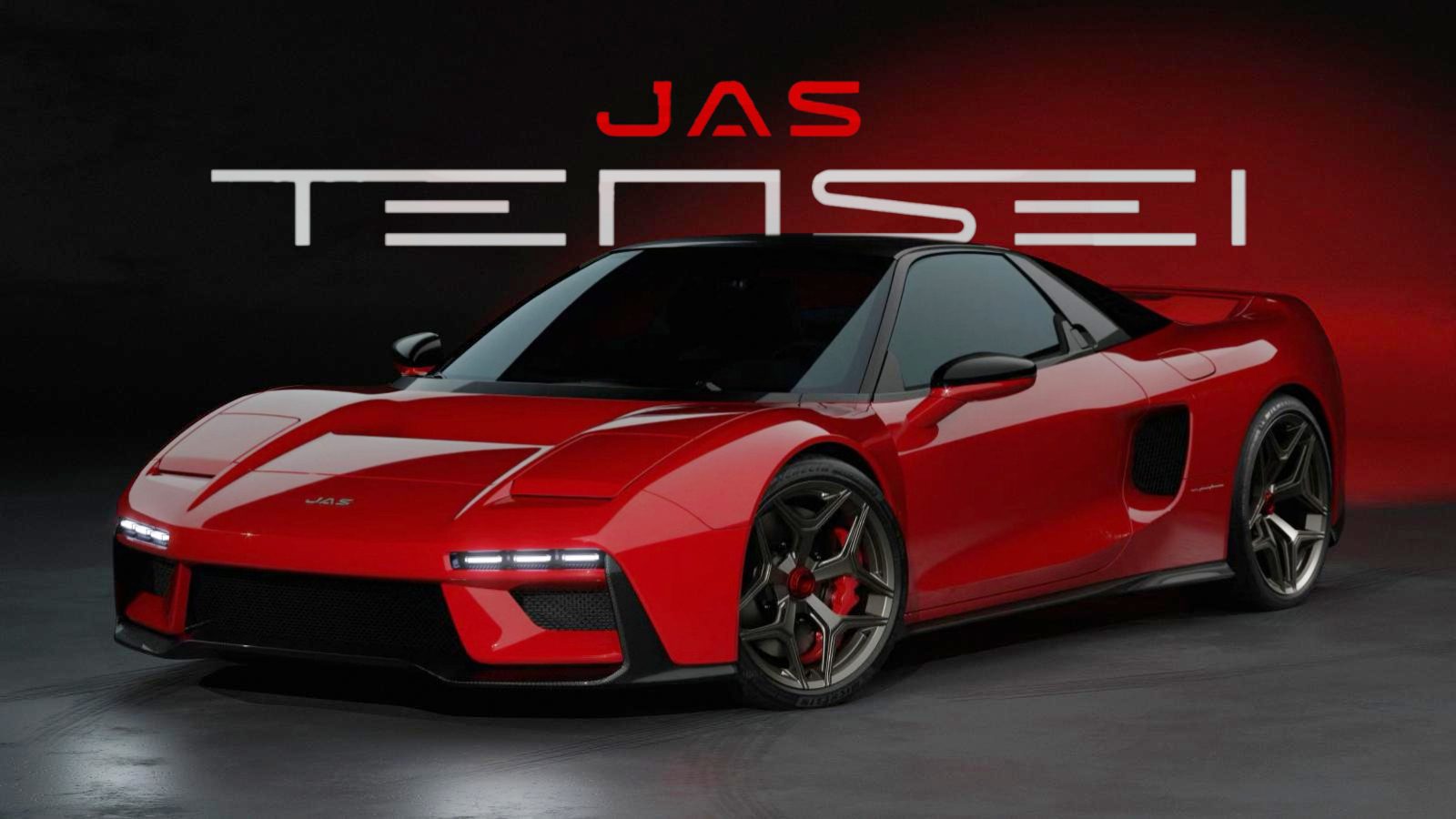 A red sports car with black wheels is parked indoors against a dark background, as "JAS TENSEI" and the phrase "Rebirth of an Icon: JAS and Pininfarina Unveil the Tensei Supercar" are displayed above it.