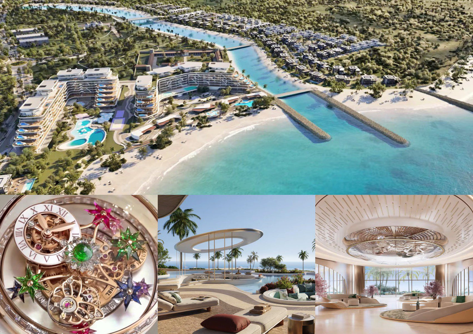 Aerial view of a luxury beachfront resort, a close-up of jeweled watches, including Jacob & Co. Announces A $1.3B Beachfront Development South Of Dubai, an outdoor poolside area, and a spacious, modern hotel lobby with large windows.